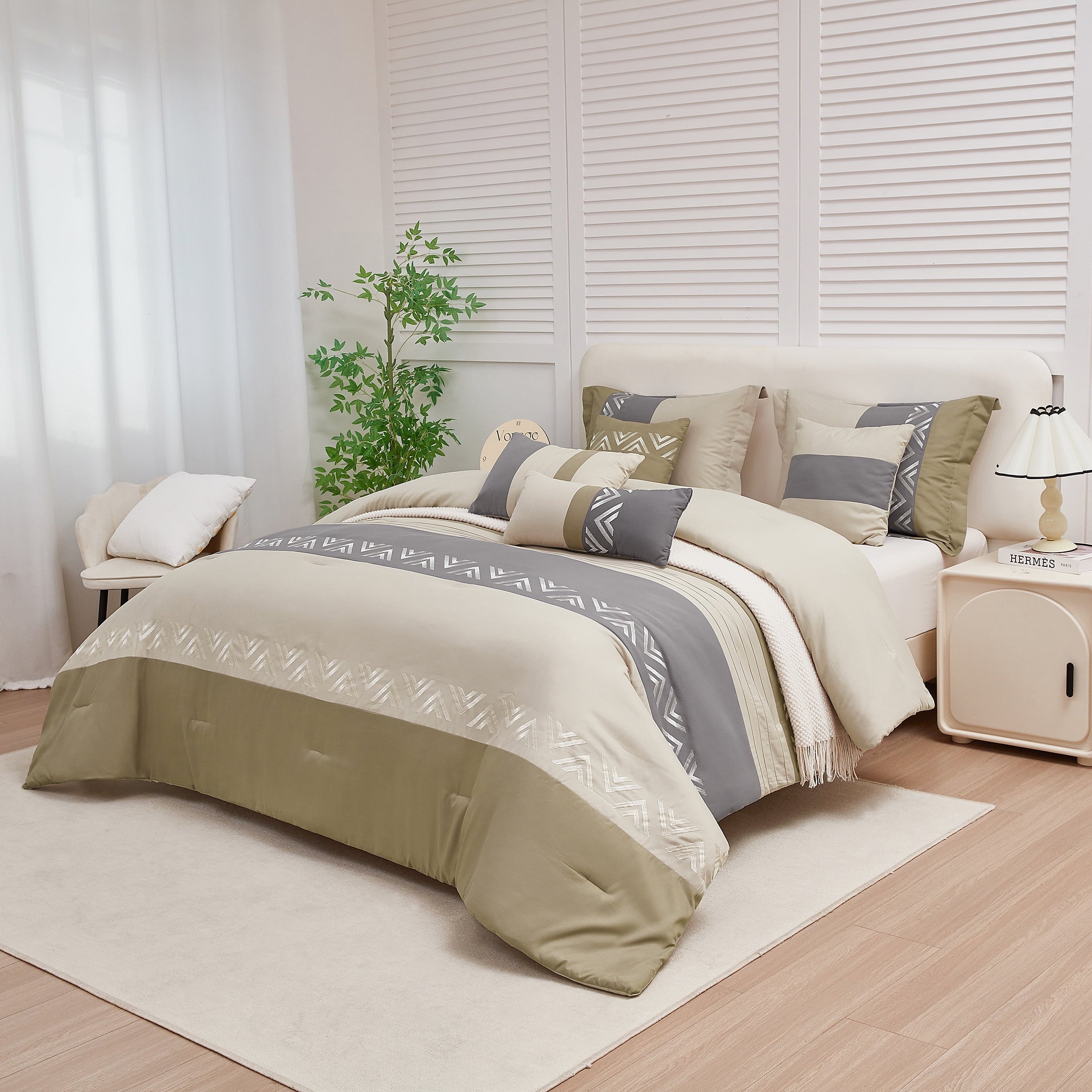 Heavyweight Warmth 7 Piece Embroidery Design Bed-in-a-Bag, Taupe Queen Size Ultra Soft Comforter Set for Adults - Luxurious Quilted Duvet Cover Set Detail
