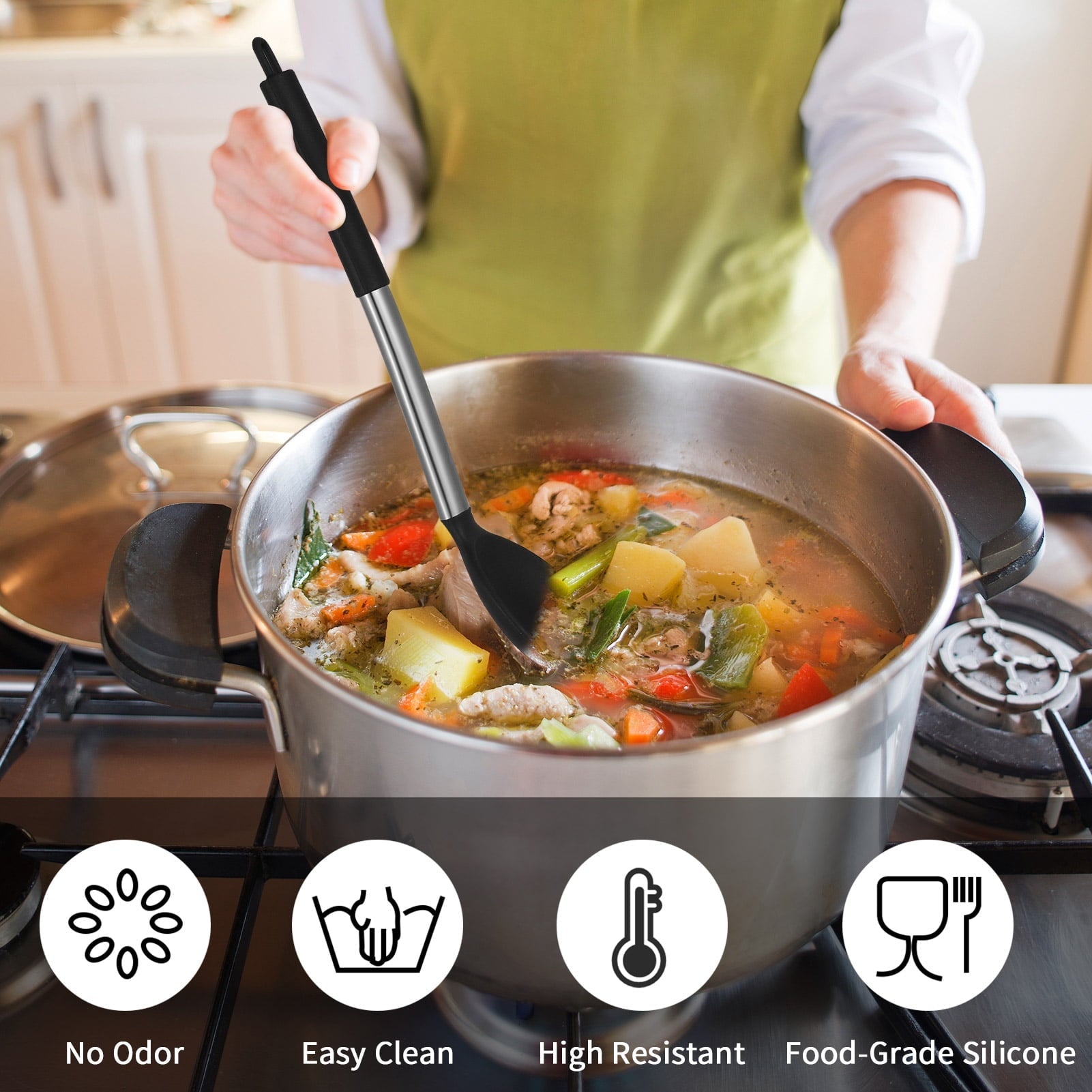 Heat-Resistant Silicone Cooking Spatulas and Spoons, 4 Pack Heat Resistant Silicone Cooking Utensils Set, Non-stick Large Ki... - Durable Turner & Ladle Utensil Set for Home Chefs Detail