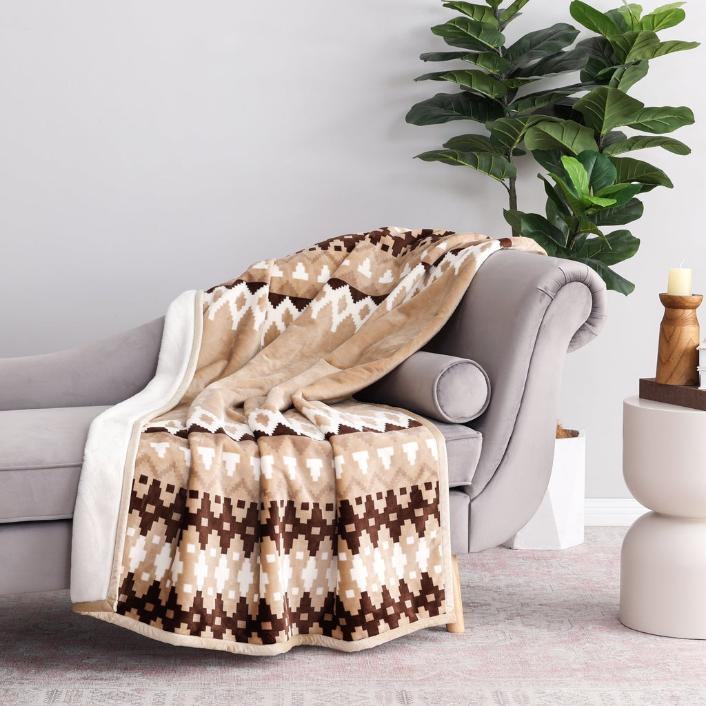 Super Soft Flannel Printed Velvet Plush Reverse to Faux Fur Super Soft Throw Blanket, Oversized, Linder Border Beige - Luxury Knitted Decorative Throw Blanket with Fringes Detail