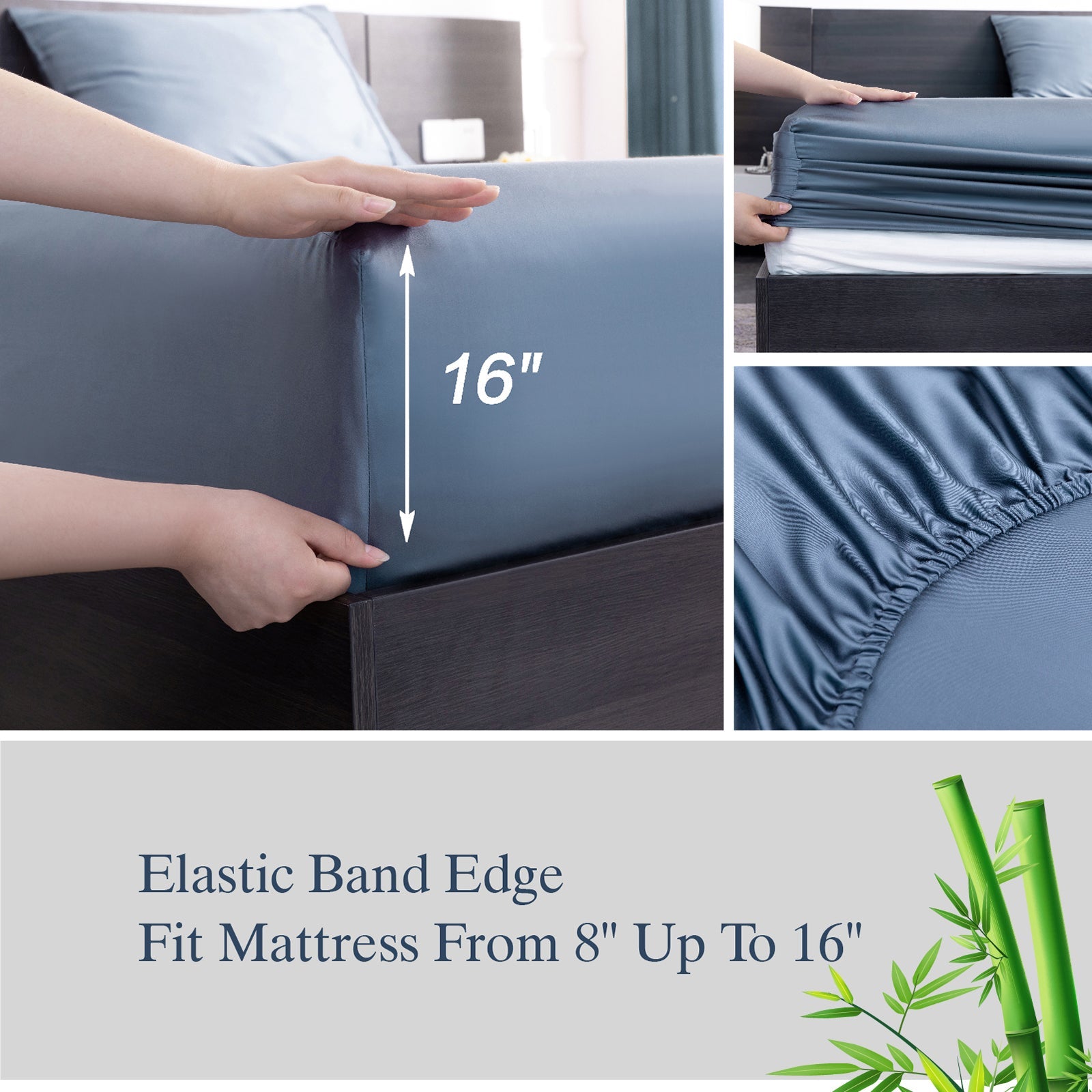 Ultra-Soft Luxury Bamboo Bed Sheets Set Full 4 Pcs for Adult,Soft&Cool,16" Deep Pocket,Blue Gray - Luxury Bed Sheet Set with Deep Pockets Detail