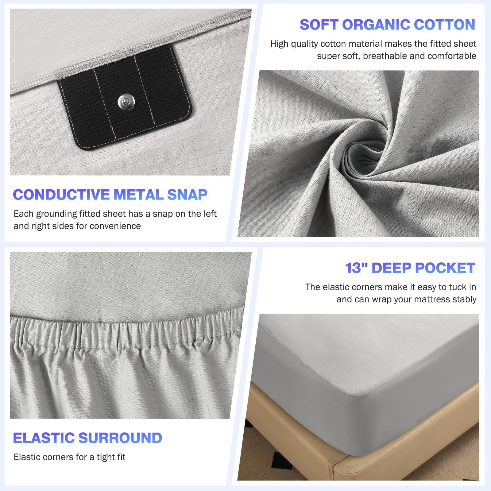 Cooling Sateen Grounding Sheets King Size,Earth Grounded Fitted Bed Sheet 10% Pure Silver Fiber + 90% Organic Cotton, Bed Grounding ... - Breathable Egyptian Cotton Flat & Fitted Sheets Detail