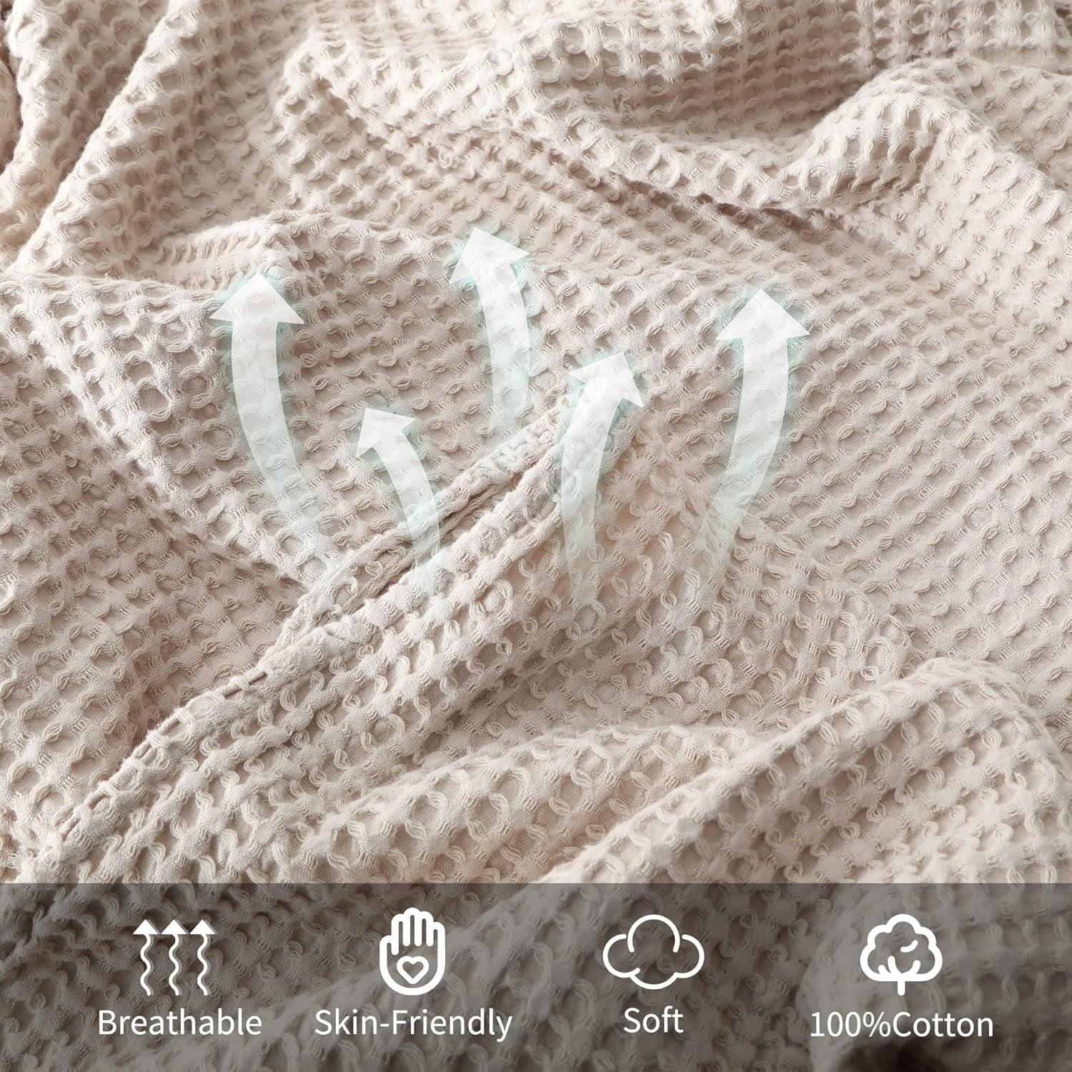 Lightweight Warm 100% Cotton Waffle Bed Blanket King Size, Throw Blanket for Couch All Seasons (Beige, 104x90) - Lightweight Plush Warm Blanket for All Seasons Detail