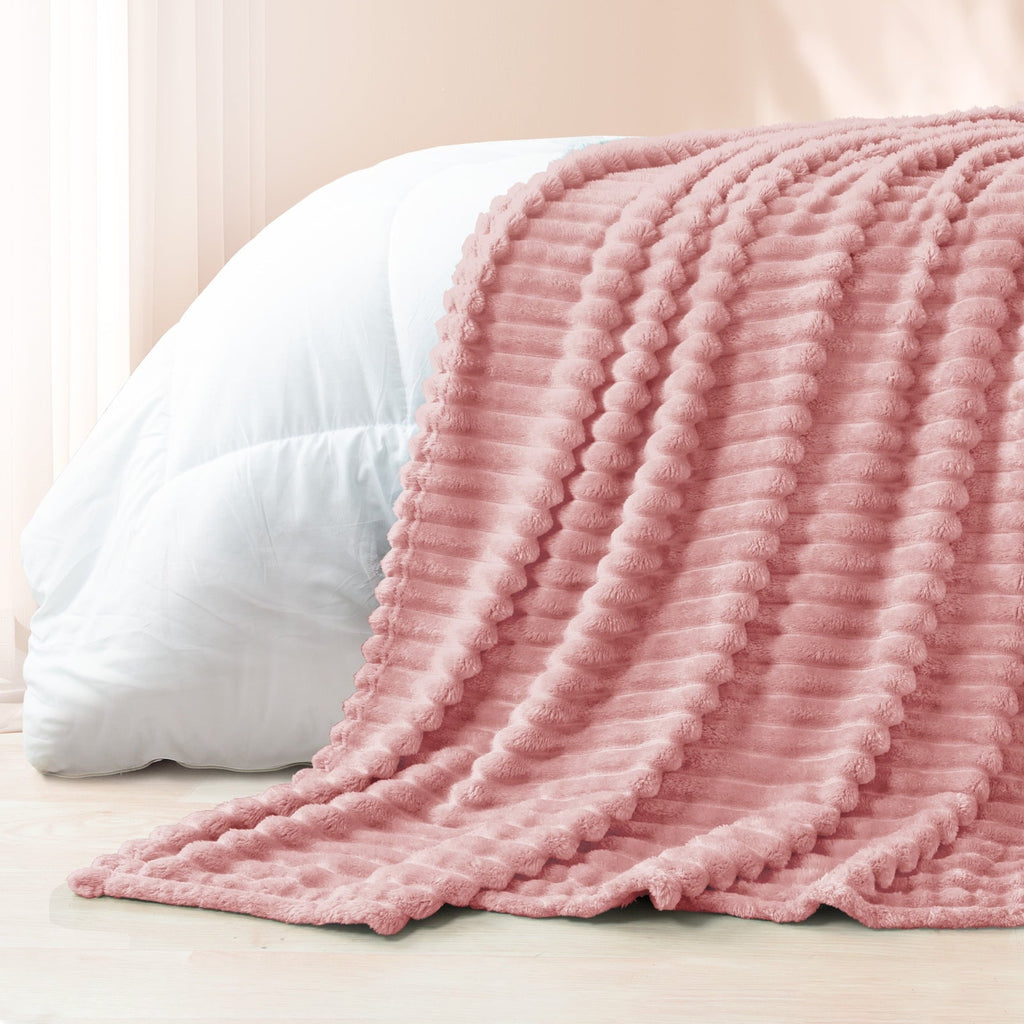 Reversible Sherpa Fleece Throw Blanket for Couch, Super Soft 3D Striped Jacquard Blanket, Lightweight Fuzzy Cozy Blankets, Pink, 50"x60" - Luxury Knitted Decorative Throw Blanket with Fringes Detail
