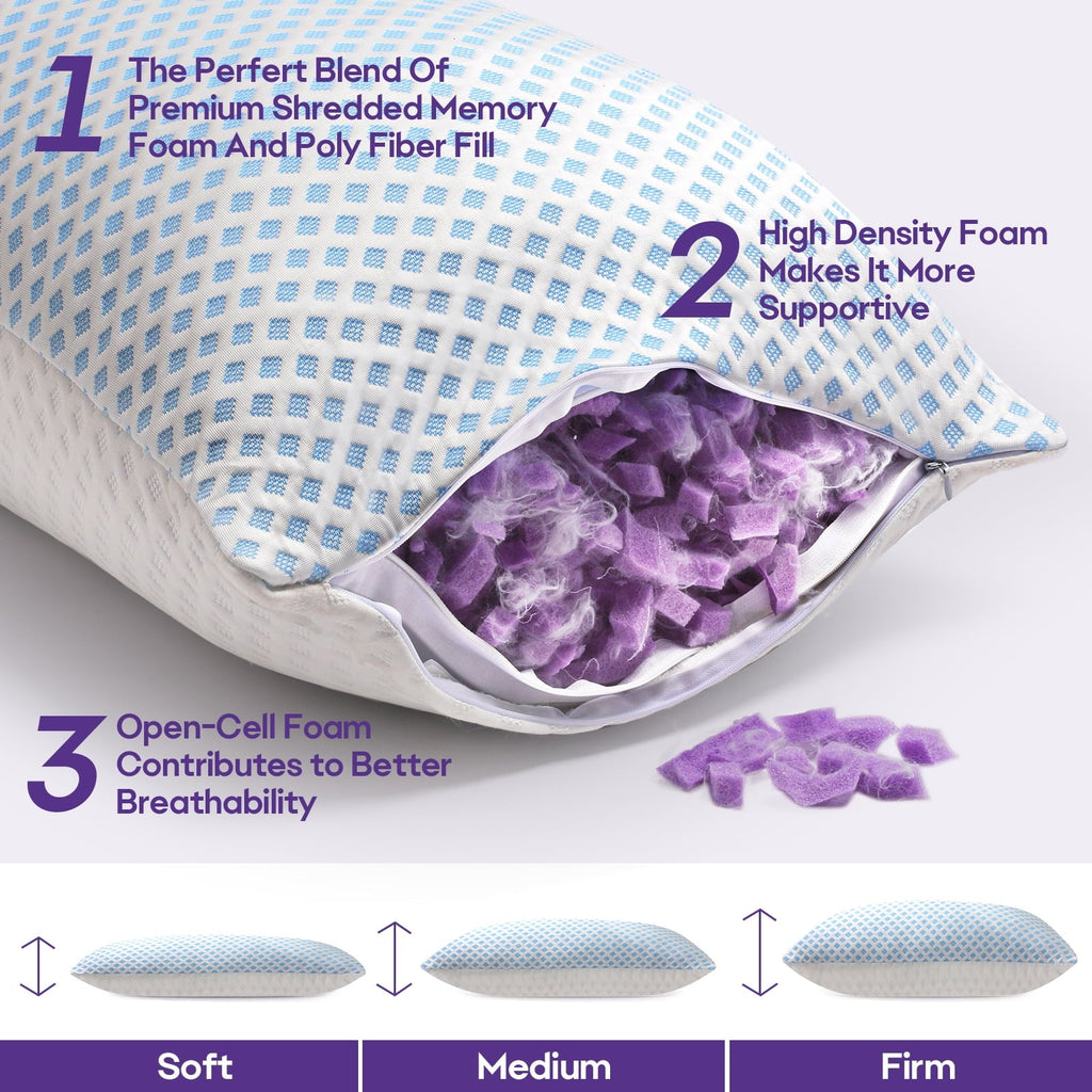 Hotel Collection Cooling Pillows for Bed Sleeping Shredded Memory Foam Pillows Queen Size Set of 2 Pack 20 x 30 inches - Orthopedic Shredded Foam Bed Pillow Set Detail