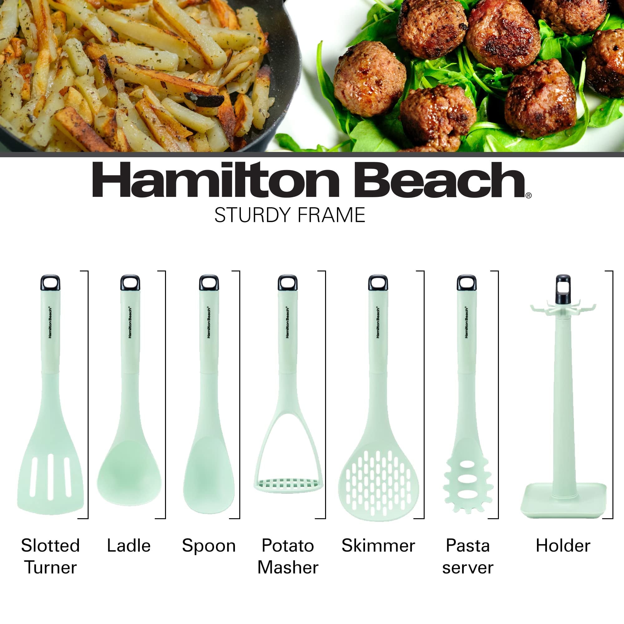 Premium Silicone Kitchen Utensil Set 7 Piece | Cooking Utensil set Slotted turner, Ladle Skimmer, Pasta Server, Potato Masher, S... - Premium Stainless Steel Cooking Utensil for Non-Stick Pots Detail