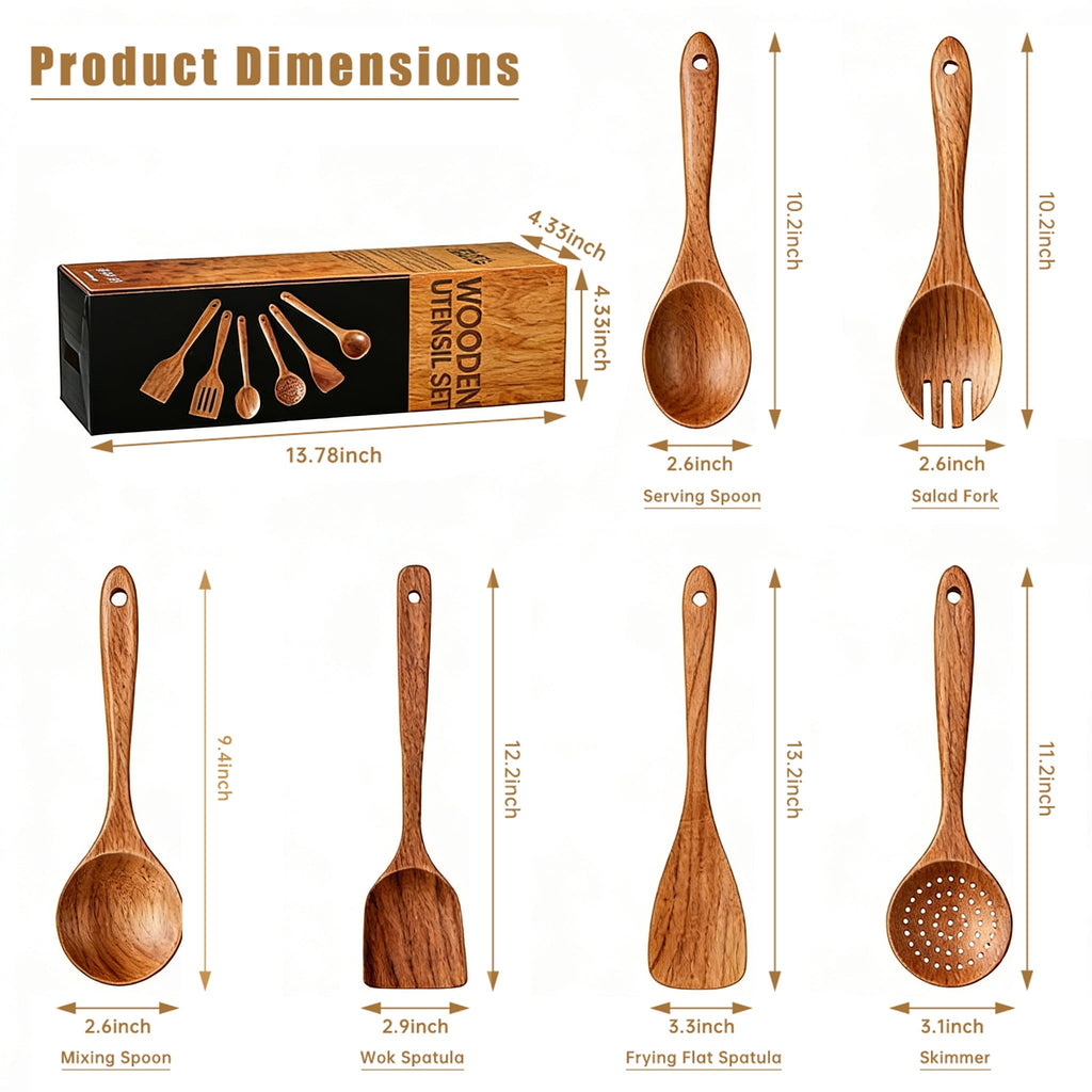 Heat-Resistant Wooden Spoons for Cooking, 6 PCS Teak Wood Cooking Utensil Set, Wooden Kitchen Utensils for Nonstick Pans & Cookware,... - Durable Turner & Ladle Utensil Set for Home Chefs Detail
