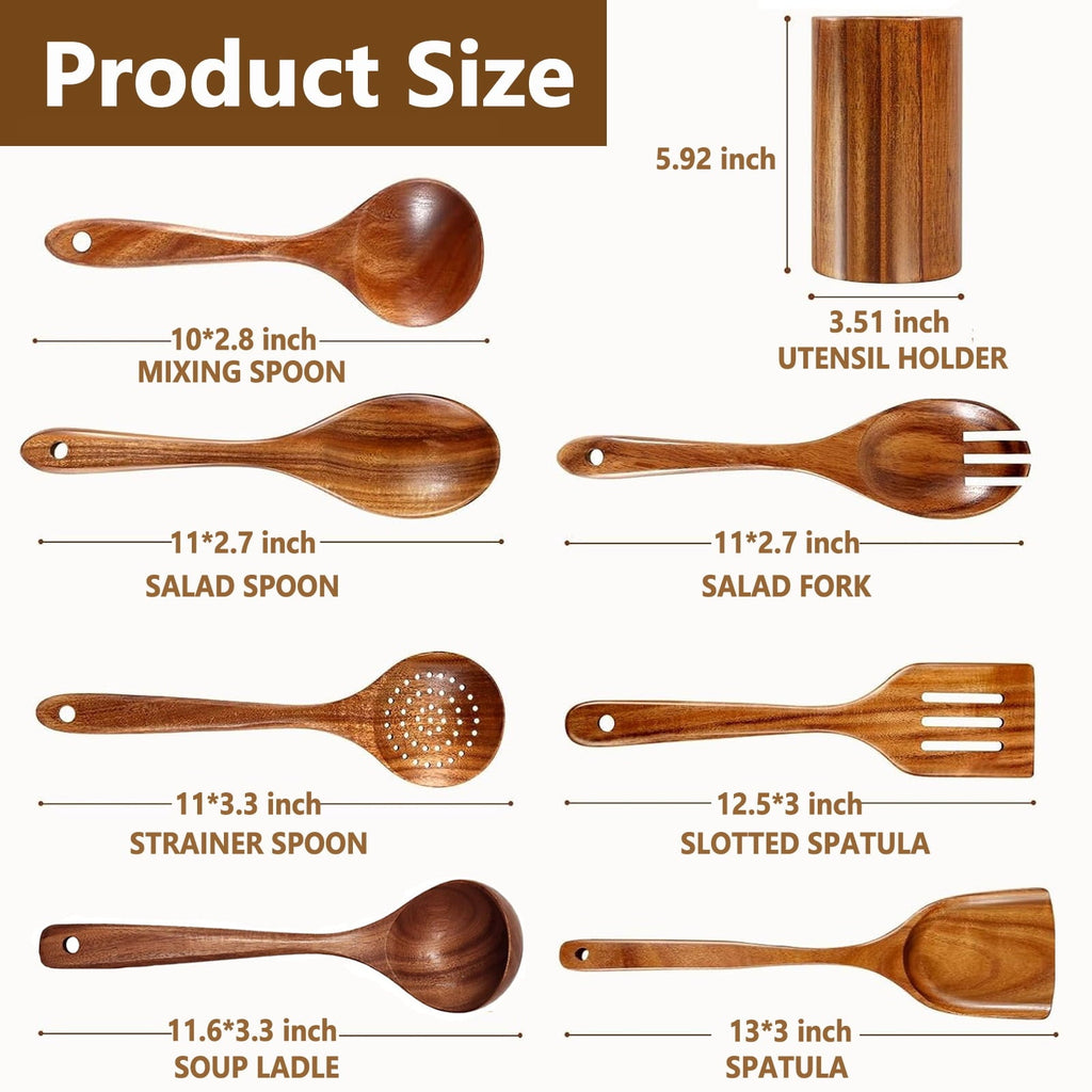 Non-Stick Safe Wooden Spoons for Cooking, 8 Pcs Natural Teak Wooden Utensils Set, Non-Stick & Heat Resistant Durable Wood ... - Premium Stainless Steel Cooking Utensil for Non-Stick Pots Detail