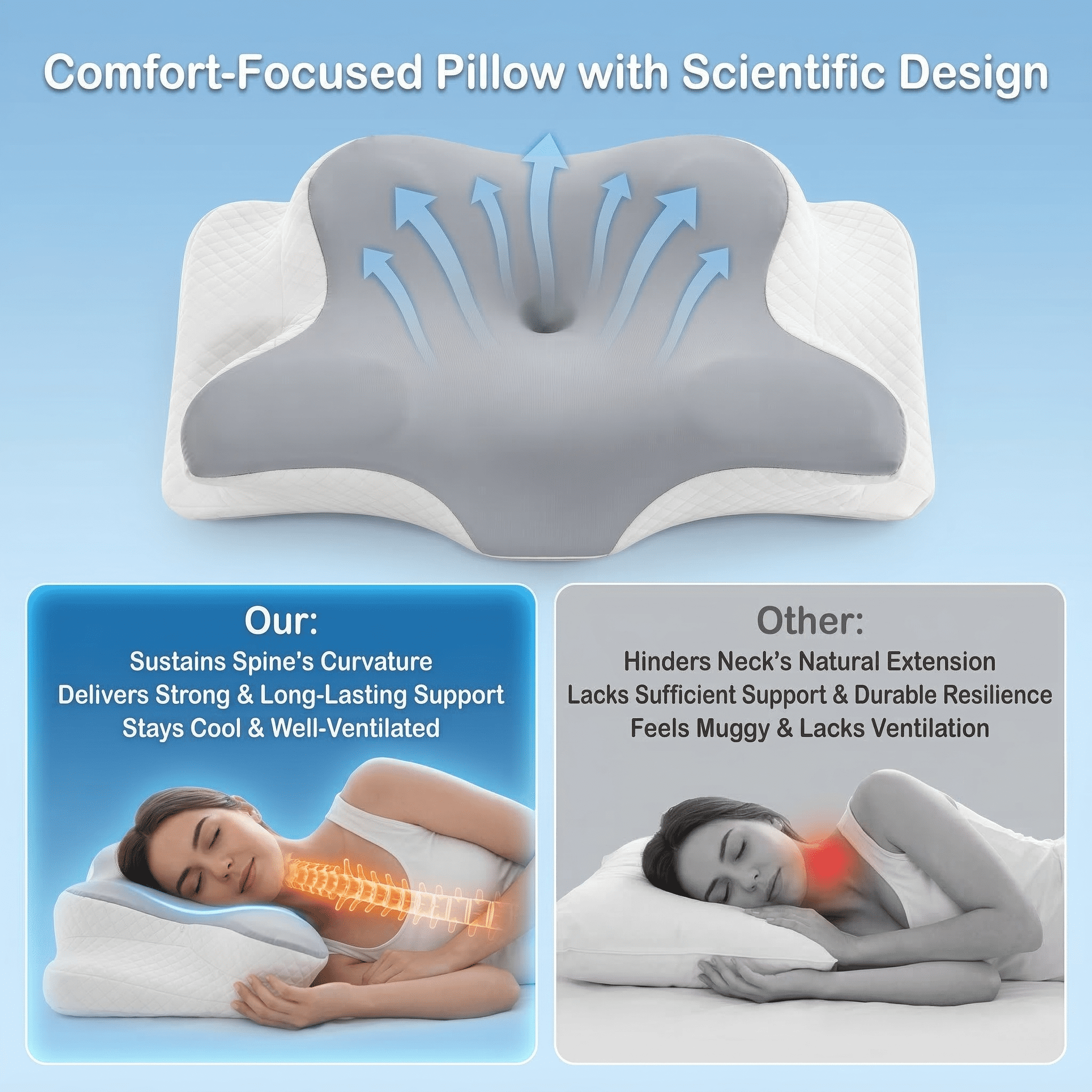 Decorative Plump Memory Foam Contour Pillows - Neck Pain Relief, Orthopedic Cervical, Breathable Washable Cover - Hotel Quality Plush Sleeping Pillows Detail