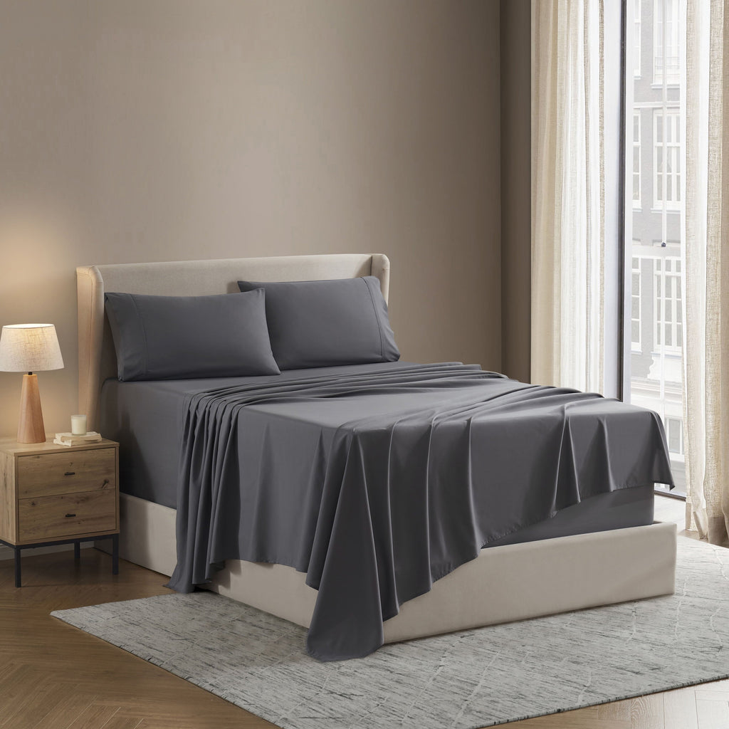 Wrinkle-Resistant Sheet Sets, Deep Pocket 4 Piece, Luxury Soft Microfiber Bed Sheet Sets, GRAY - Breathable Egyptian Cotton Flat & Fitted Sheets Detail