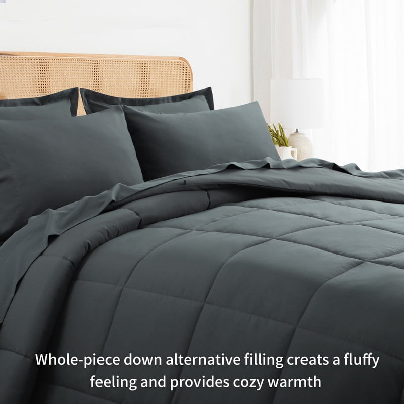 Fluffy Down Alternative 7 Pieces Comforter Set with Sheets - Bed in a Bag with Comforter and All Season Sheets, Pillowcases,Dark Gray,Queen - Hypoallergenic Ultra-Fluffy Quilt for Winter Detail