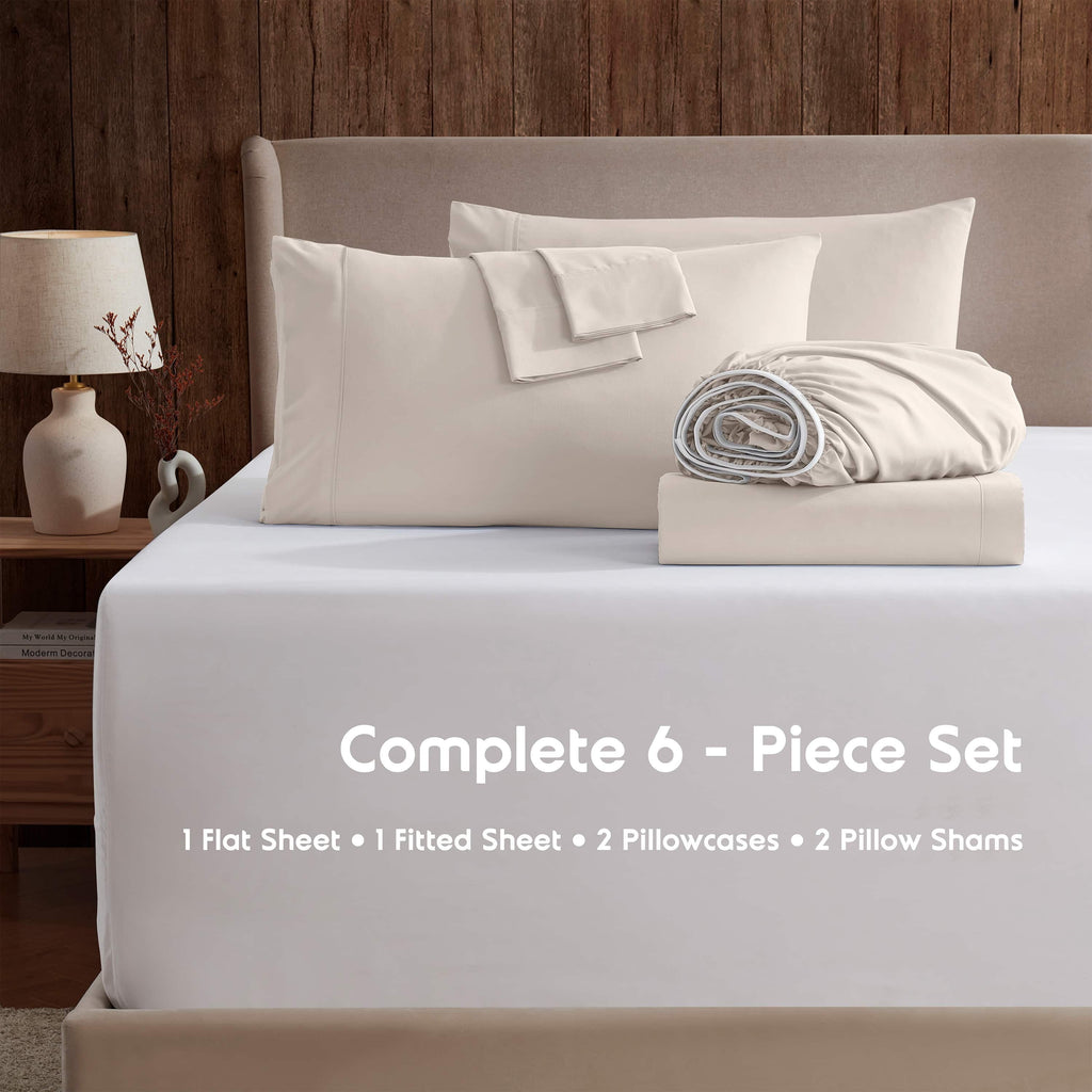 Breathable Luxury Extra Deep Pocket Queen Sheets set, Fits 18"-24" Mattress, 6 Piece Soft Microfiber Bed Sheet Sets, Linen - Breathable Egyptian Cotton Flat & Fitted Sheets Detail