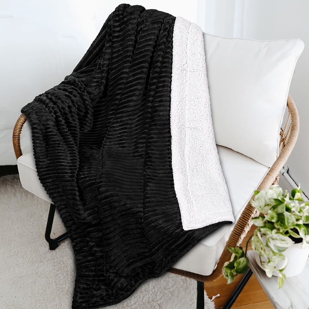 Decorative Knitted Reversible Sherpa Fleece Throw Blanket Black, Plush Flannel Throw, Ultra Soft Warm Ribbed Microfiber Blanket for Sofa... - Cozy Fleece Throw Blanket for Couch & Bed Detail