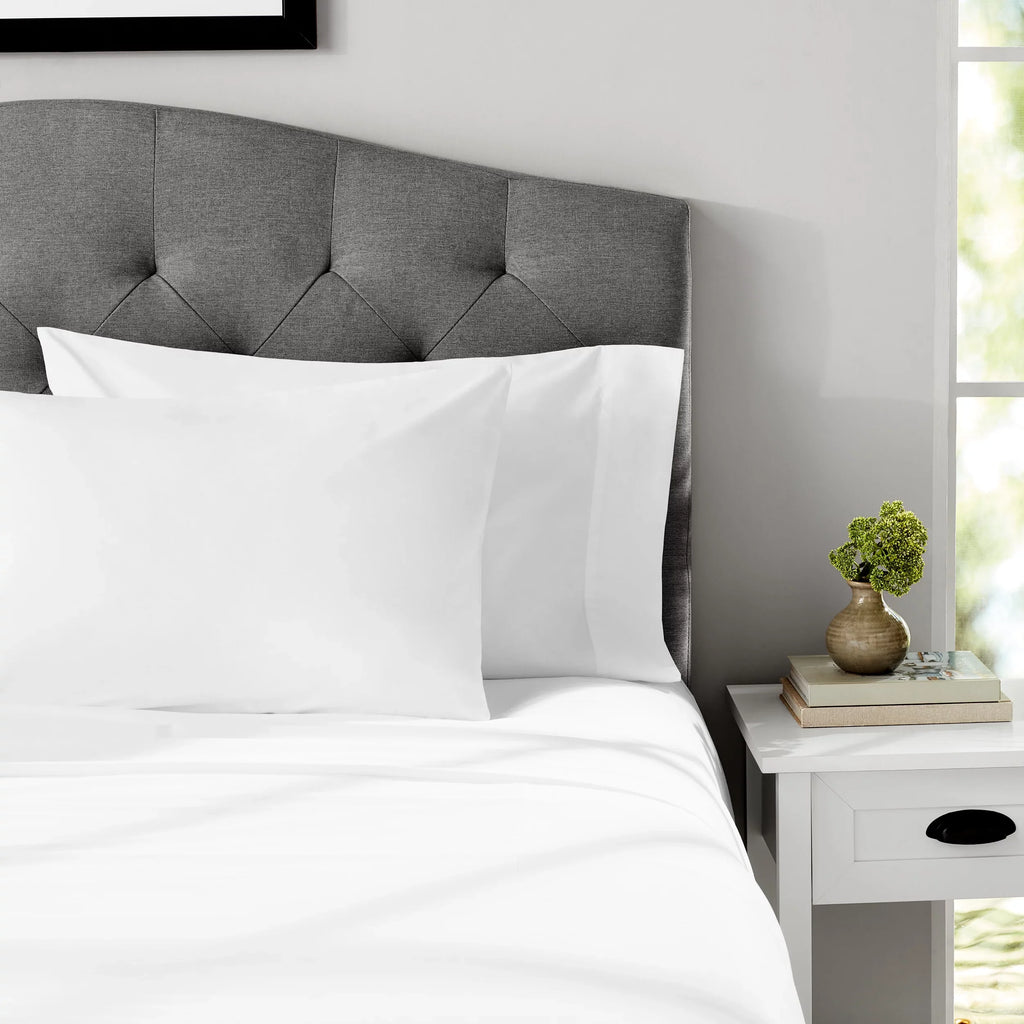 Wrinkle-Resistant 4-Piece 300 Thread Count White Cotton Blend Percale Bed Sheet Set, Queen - Breathable Egyptian Cotton Flat & Fitted Sheets Detail