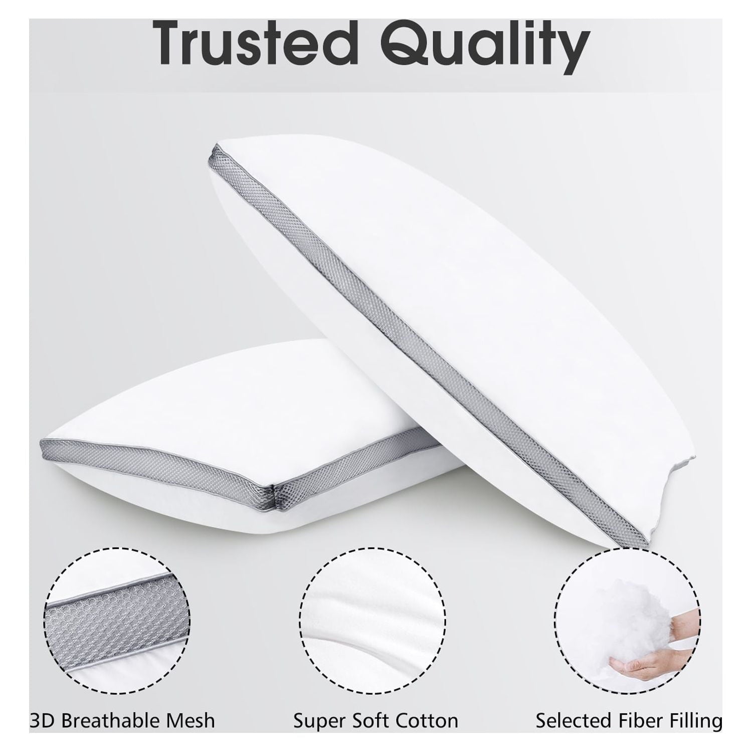 Ergonomic Memory Foam Down Alternative Bed Pillow with Cotton Cover and Gusset, 2 Pack, Queen, 20"x26" - Hotel Quality Plush Sleeping Pillows Detail