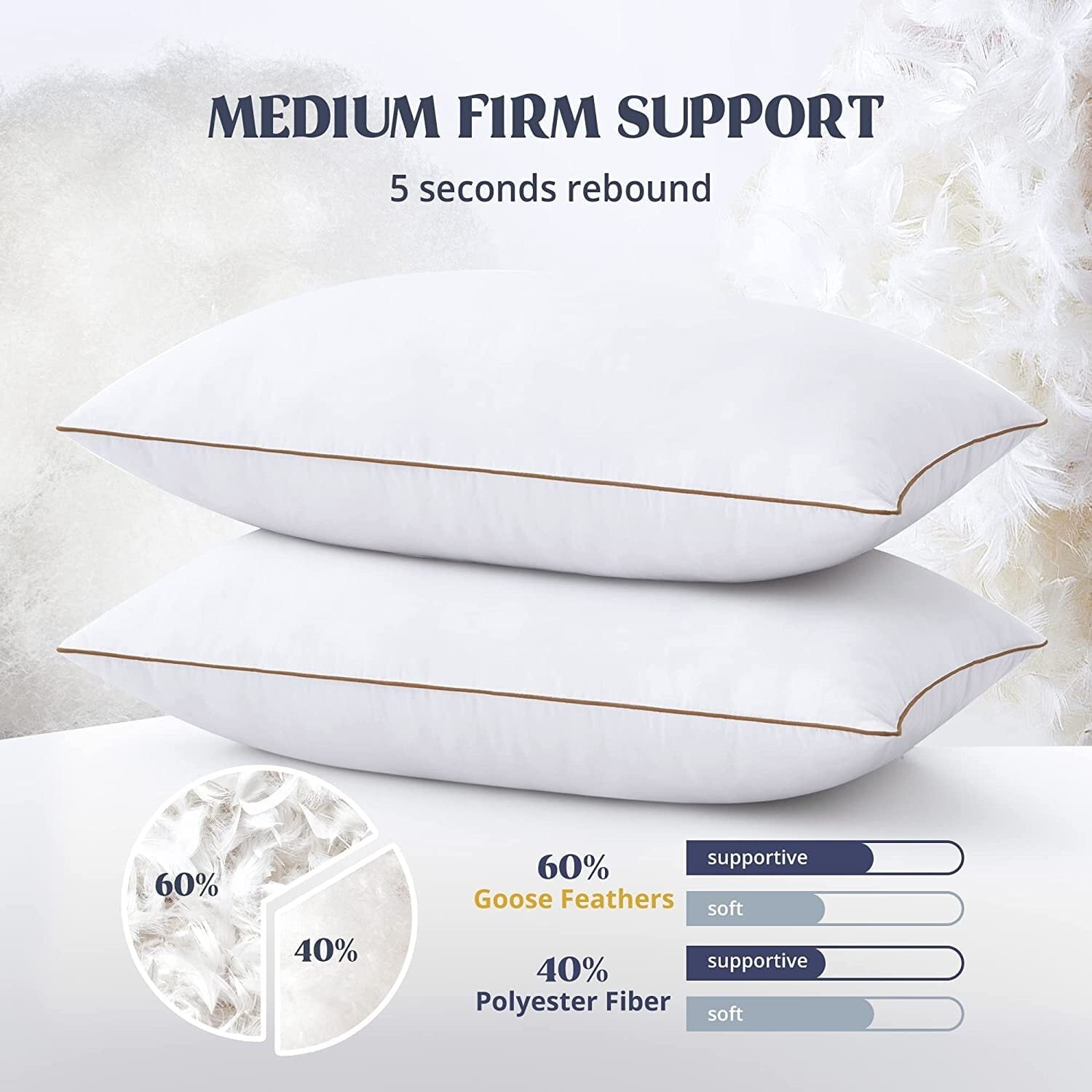 Orthopedic Support Down Feather Pillows for Bed 20 x 30 Inches Queen Size Set of 2, Medium Firm Luxury Cooling Hotel Collection Feather ... - Orthopedic Shredded Foam Bed Pillow Set Detail