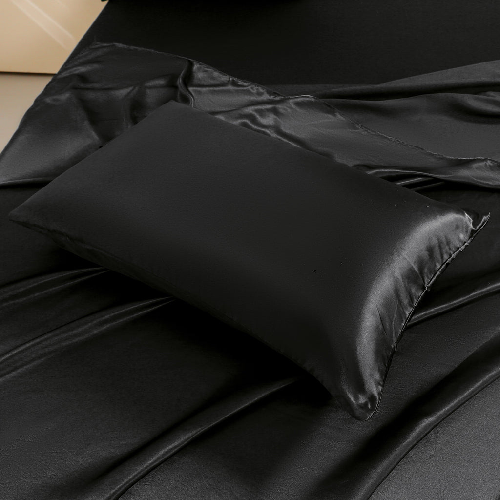 Cooling Sateen 4Pcs Black Satin Sheets Queen Set Silk Sheets 13" Deep Pocket Ultra Soft silky Bed Sheet Set - Breathable Egyptian Cotton Flat & Fitted Sheets Detail