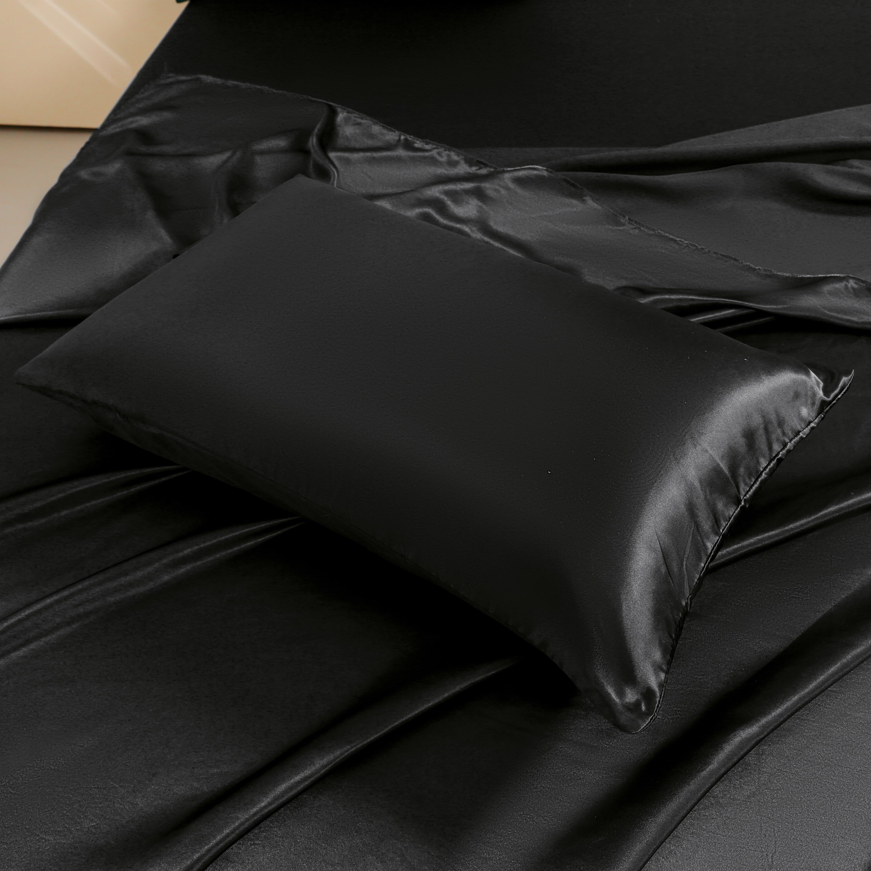 Cooling Sateen 4Pcs Black Satin Sheets Queen Set Silk Sheets 13" Deep Pocket Ultra Soft silky Bed Sheet Set - Breathable Egyptian Cotton Flat & Fitted Sheets Detail