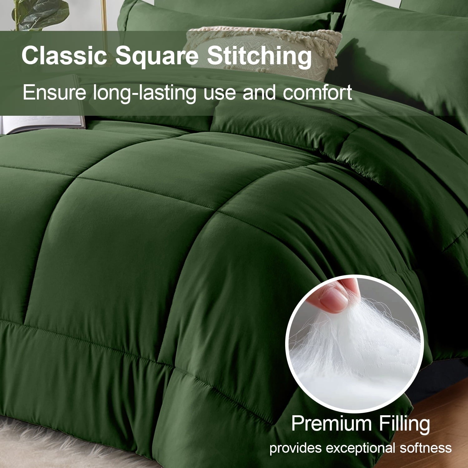 All-Season Queen Comforter Set Forest Green Bed in a Bag Queen Size 7 Pieces Soft Bed Set Lightweight Microfiber Green Bedding C... - Cloud-Like Soft Lightweight Bed Comforter Detail