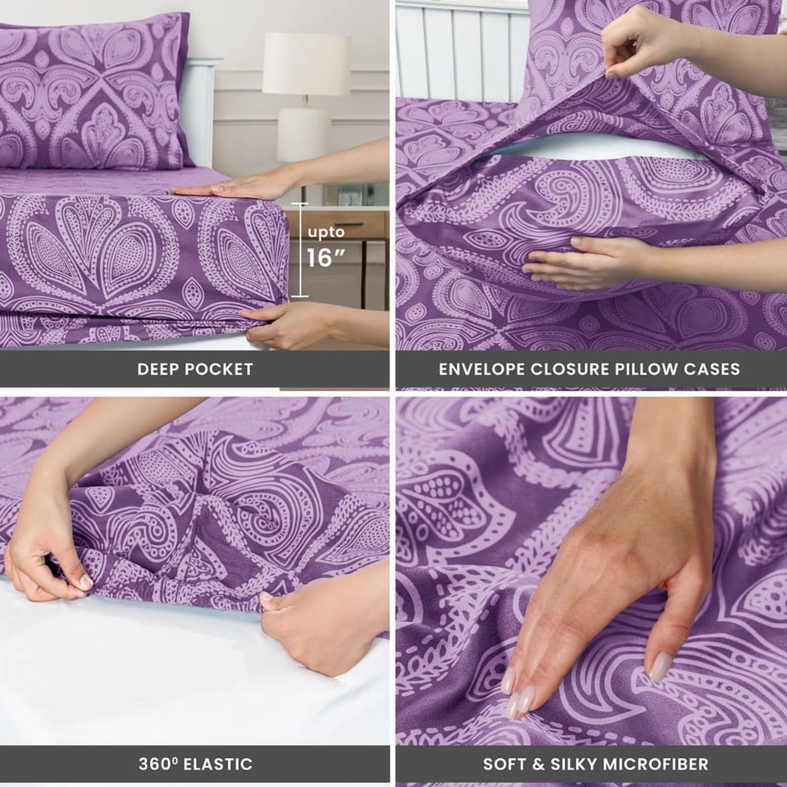 Breathable Luxury Paisley Printed Queen Bed Sheets Set, Microfiber 6 Piece Bedding Set - Purple - Breathable Egyptian Cotton Flat & Fitted Sheets Detail