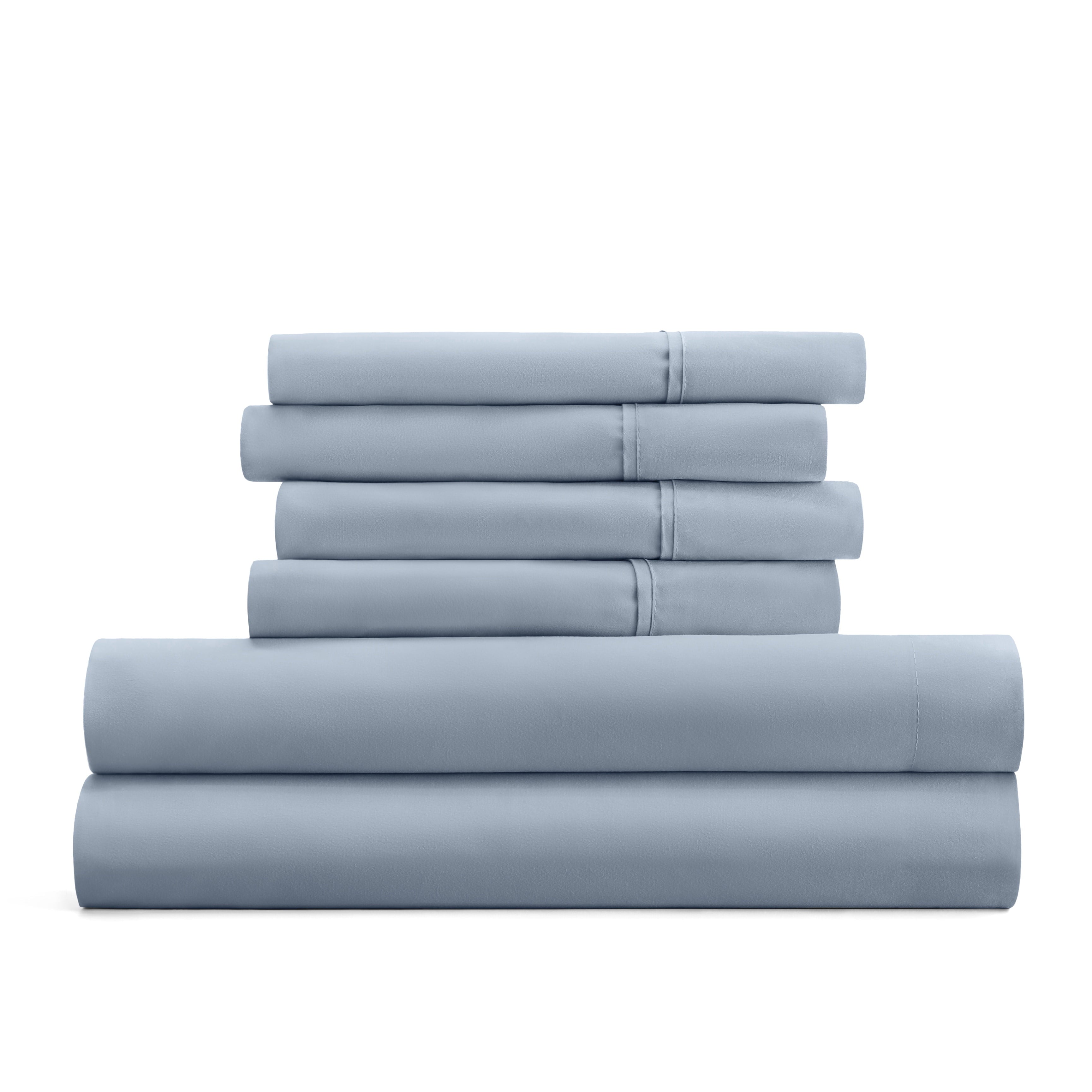 Ultra-Soft Queen, Light Blue Solid Microfiber 6 Piece Bed Sheet Set - Breathable Egyptian Cotton Flat & Fitted Sheets Detail