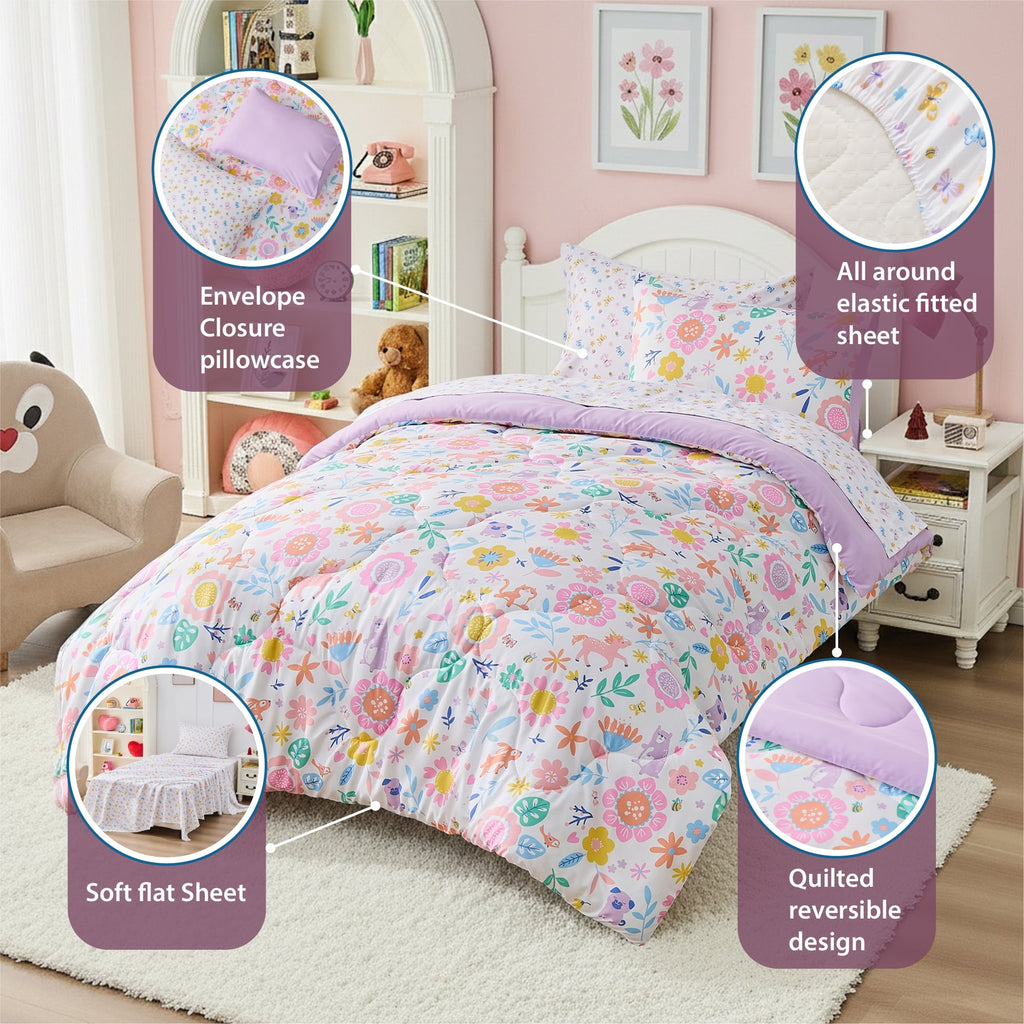 Fluffy Down Alternative Floral Comforter Set, Soft Microfiber Flower Bedding Set, 5 Pieces with Comforter, Sheets and Pillowcases, Twin - Cloud-Like Soft Lightweight Bed Comforter Detail