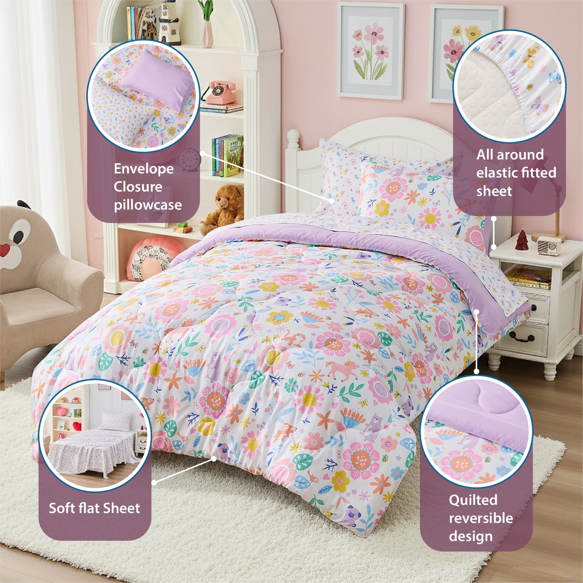 Fluffy Down Alternative Floral Comforter Set, Soft Microfiber Flower Bedding Set, 5 Pieces with Comforter, Sheets and Pillowcases, Twin - Cloud-Like Soft Lightweight Bed Comforter Detail