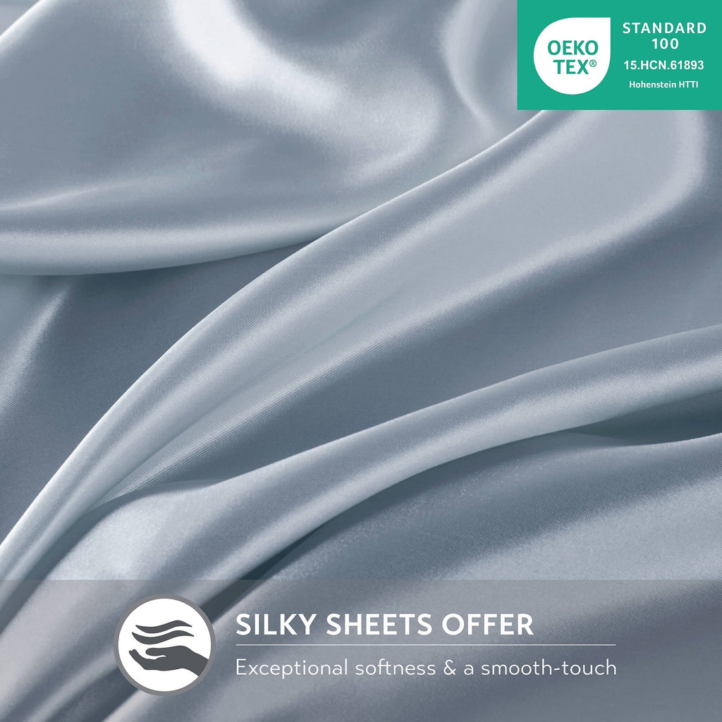 Wrinkle-Resistant Satin Sheet Set, Twin Bed Sheets with Pillowcases, 4-Piece Luxury Silky Sheet Set, Blue, Gifts for Women - Luxury Bed Sheet Set with Deep Pockets Detail