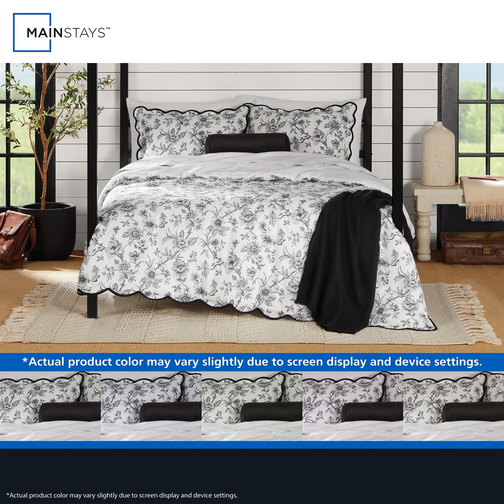 Fluffy Down Alternative Floral Scallop 4-Piece White/Black Comforter Set, Twin/Twin XL - All-Season Down Alternative Comforter Insert Detail