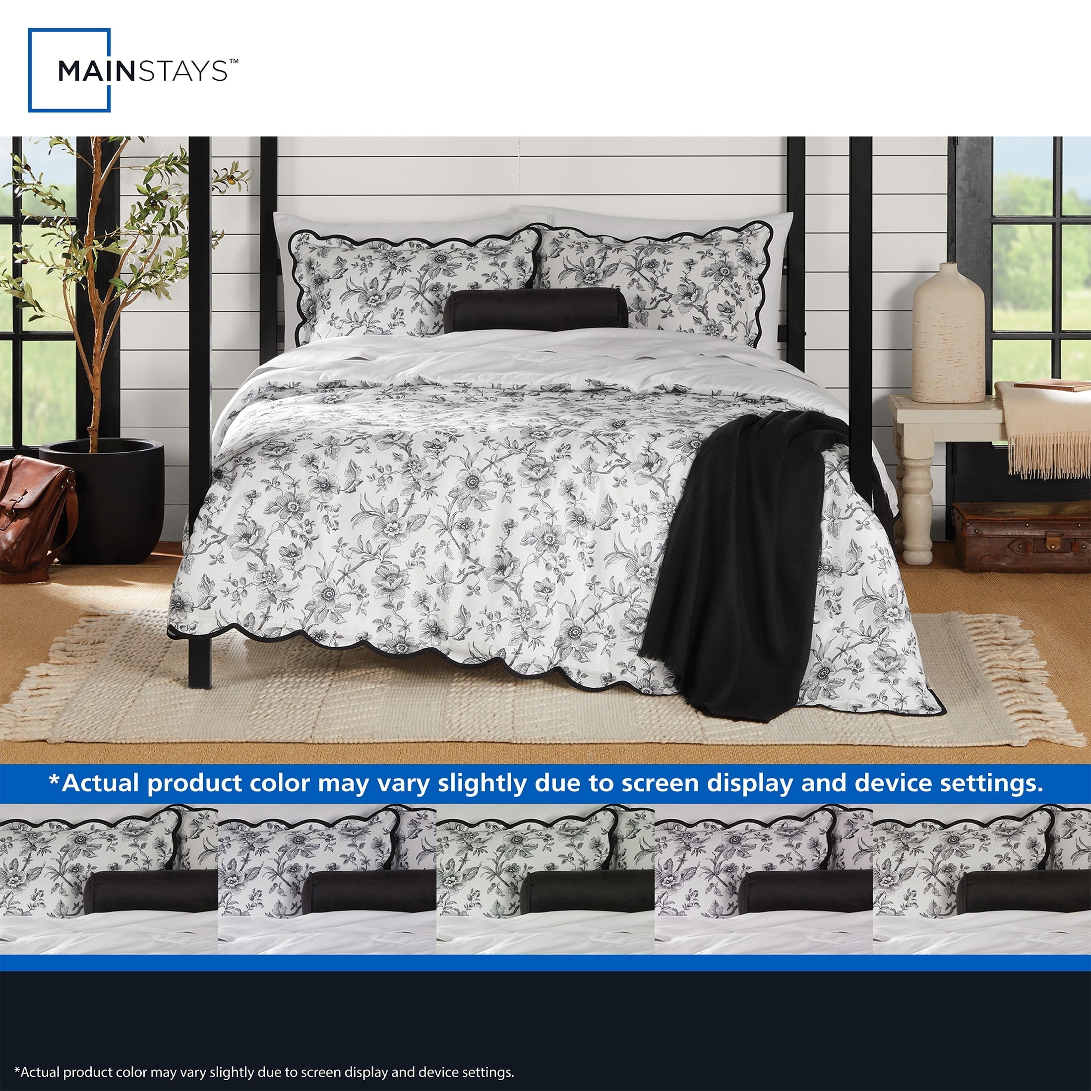 Fluffy Down Alternative Floral Scallop 4-Piece White/Black Comforter Set, Twin/Twin XL - All-Season Down Alternative Comforter Insert Detail
