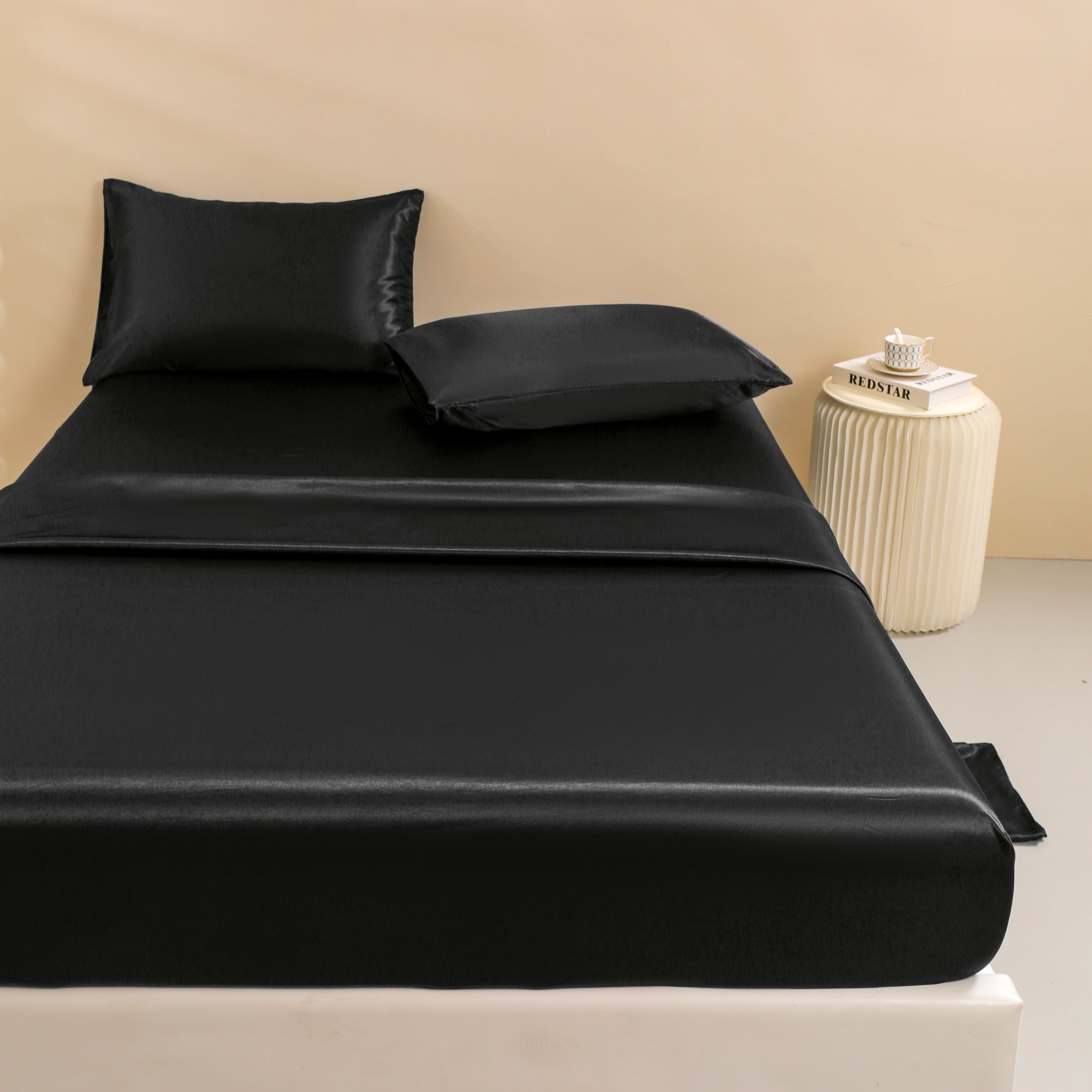 Cooling Sateen 4Pcs Black Satin Sheets Queen Set Silk Sheets 13" Deep Pocket Ultra Soft silky Bed Sheet Set - Breathable Egyptian Cotton Flat & Fitted Sheets Detail