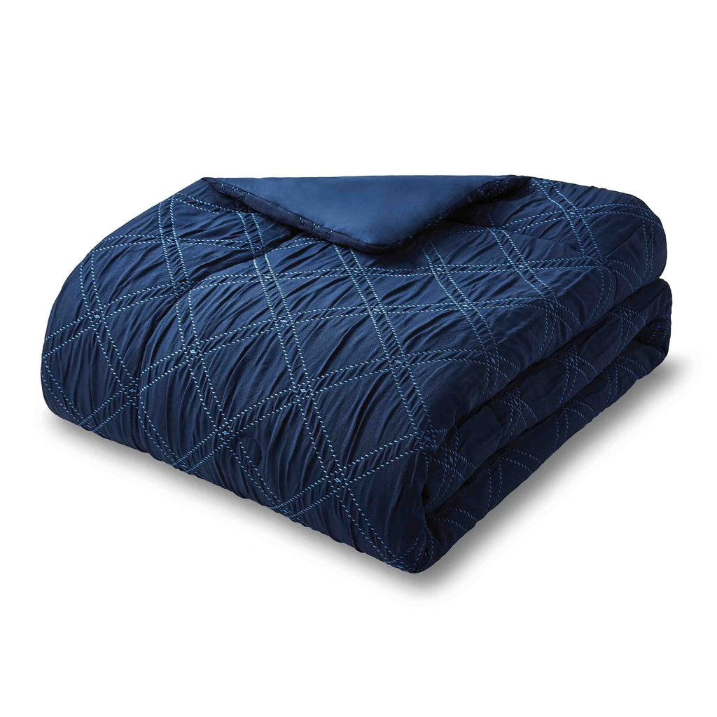 Heavyweight Warmth 5-Piece Reversible Comforter Set Navy Cross Stitch Bedding with Decor Pillow and Throw, Full/Queen - All-Season Down Alternative Comforter Insert Detail