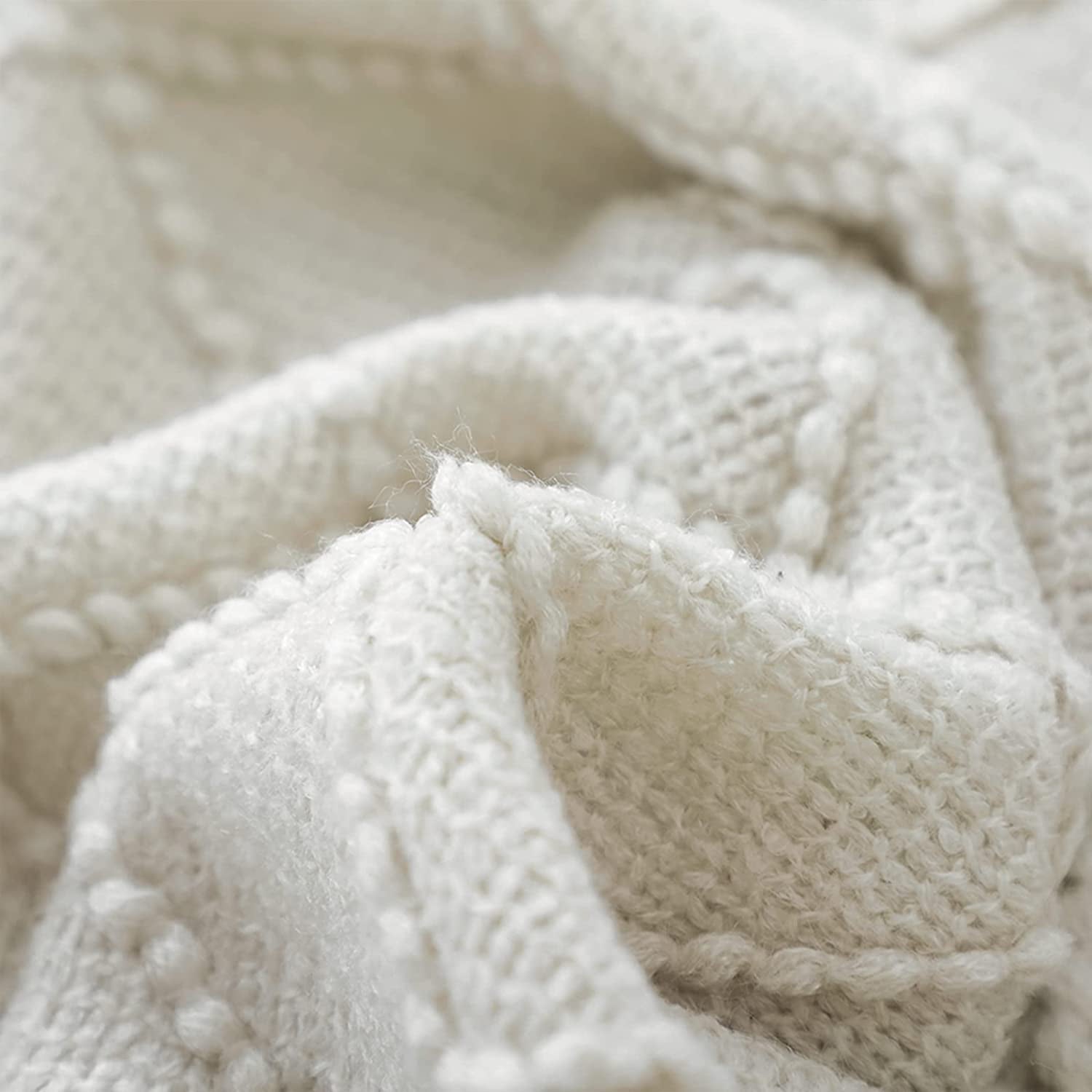Decorative Knitted Rhombus Beige Throw Blanket, Soft and Lightweight, 50"x 60" - Luxury Knitted Decorative Throw Blanket with Fringes Detail