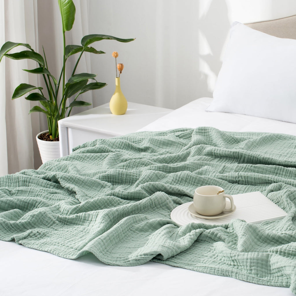 Cozy Fleece 100% Cotton Muslin Throw Blanket Gauze Blankets for Adults Soft Throws for Bed and Couch, 50" x 70" Sage Green - Super Soft Reversible Sherpa Flannel Blanket Detail