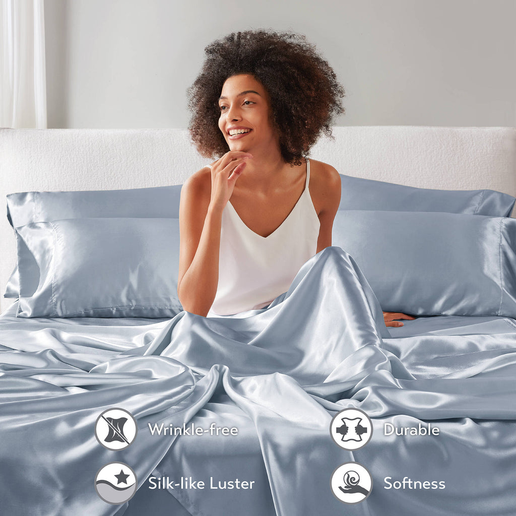 Wrinkle-Resistant Satin Sheet Set, Twin Bed Sheets with Pillowcases, 4-Piece Luxury Silky Sheet Set, Blue, Gifts for Women - Luxury Bed Sheet Set with Deep Pockets Detail