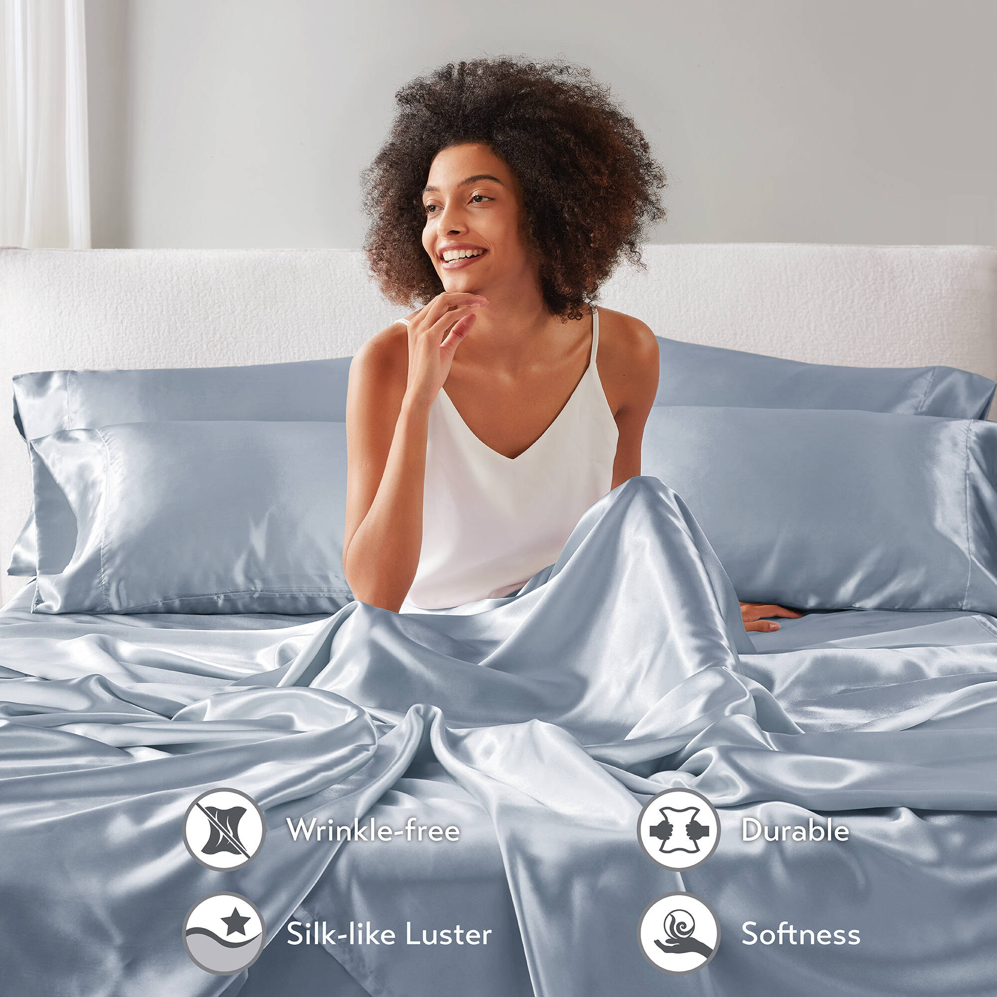 Wrinkle-Resistant Satin Sheet Set, Twin Bed Sheets with Pillowcases, 4-Piece Luxury Silky Sheet Set, Blue, Gifts for Women - Luxury Bed Sheet Set with Deep Pockets Detail