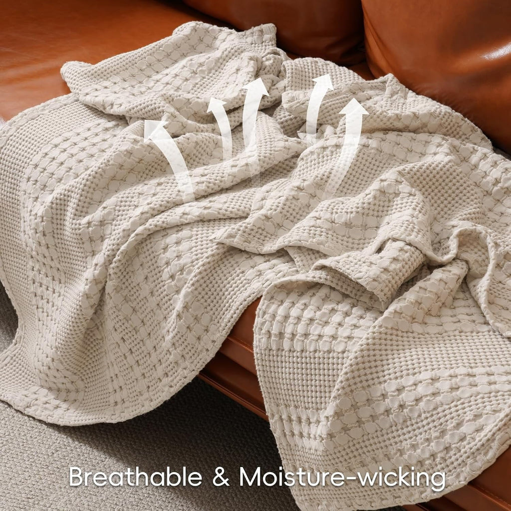 Decorative Knitted 100% Cotton Waffle Weave Blanket, Lightweight Throw Washed Blanket for Bed Sofa Home Decor, Oatmeal, 50"x60" - Lightweight Plush Warm Blanket for All Seasons Detail