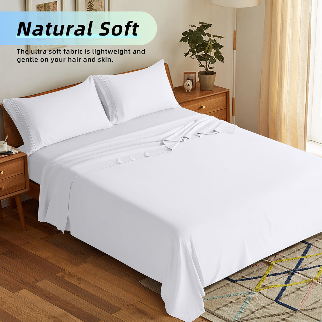 Wrinkle-Resistant Bed Sheets Set, Microfiber Deep Pocket 4 Pieces Luxury Soft Sheet Set, Queen, White - Premium Ultra-Soft Pillowcase Pair for Sleeping Detail