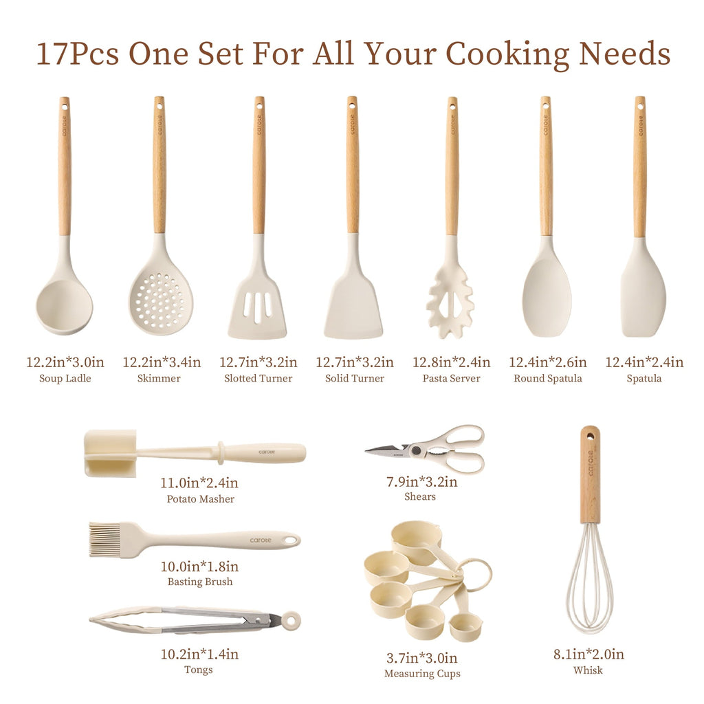 Durable Steel 17-Piece Silicone and Wood Cooking Utensil Set, Heat-Resistant, Safe for Nonstick Cookware - Multi-Purpose Hand Tool for Daily Meal Prep Detail