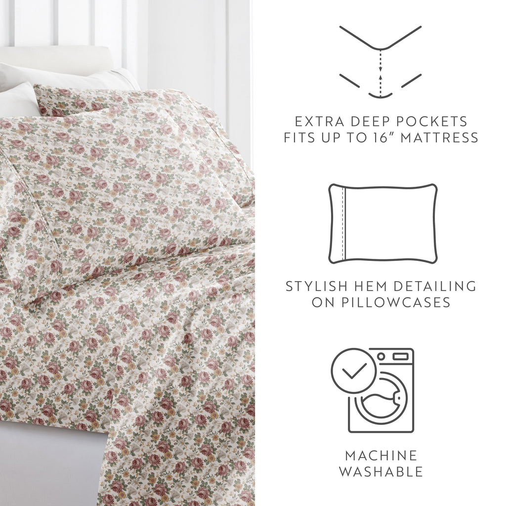 Breathable Luxury 4 Piece Pattern Microfiber Bed Sheets Set, Blooming Floral Rose, Queen - Luxury Bed Sheet Set with Deep Pockets Detail