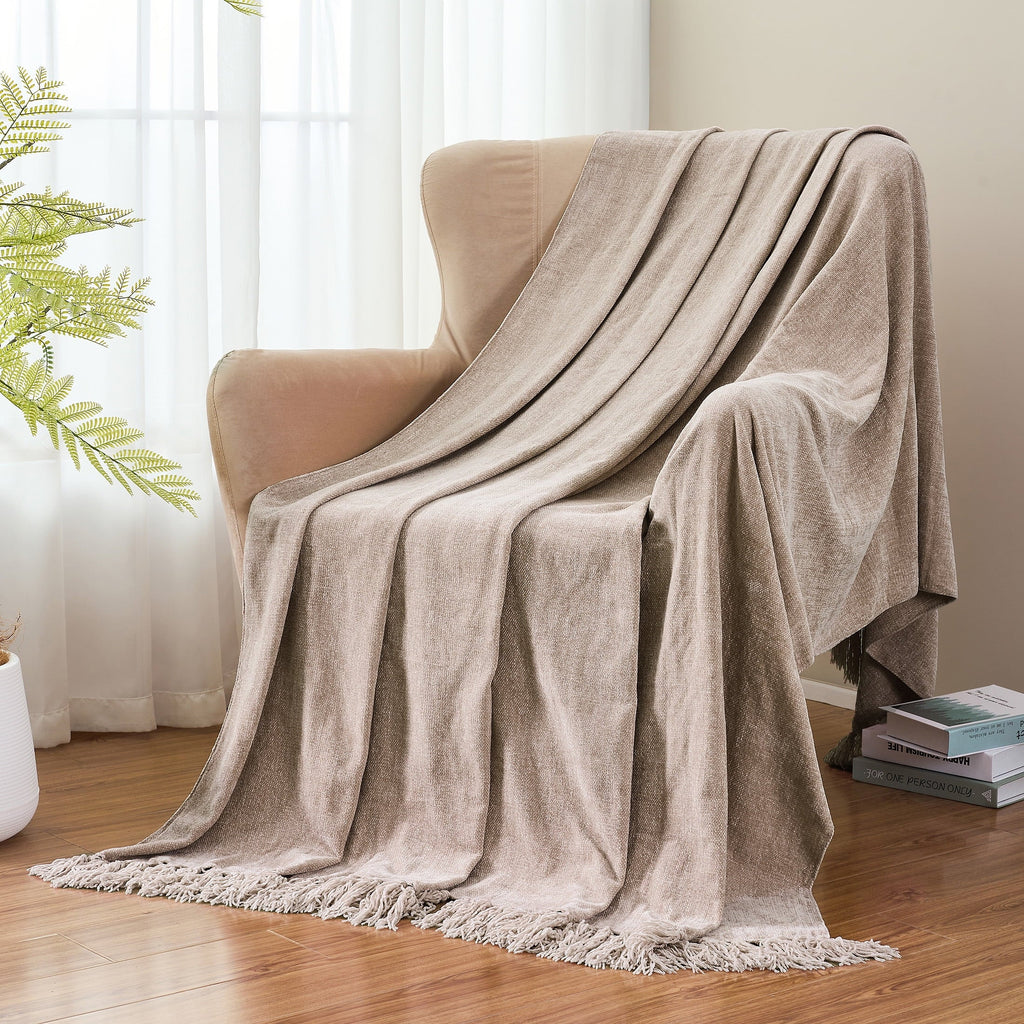 Cozy Fleece Chenille Throw Blanket with Fringe Tassel for Couch Sofa Chair Bed, Taupe 50" X 60" - Super Soft Reversible Sherpa Flannel Blanket Detail