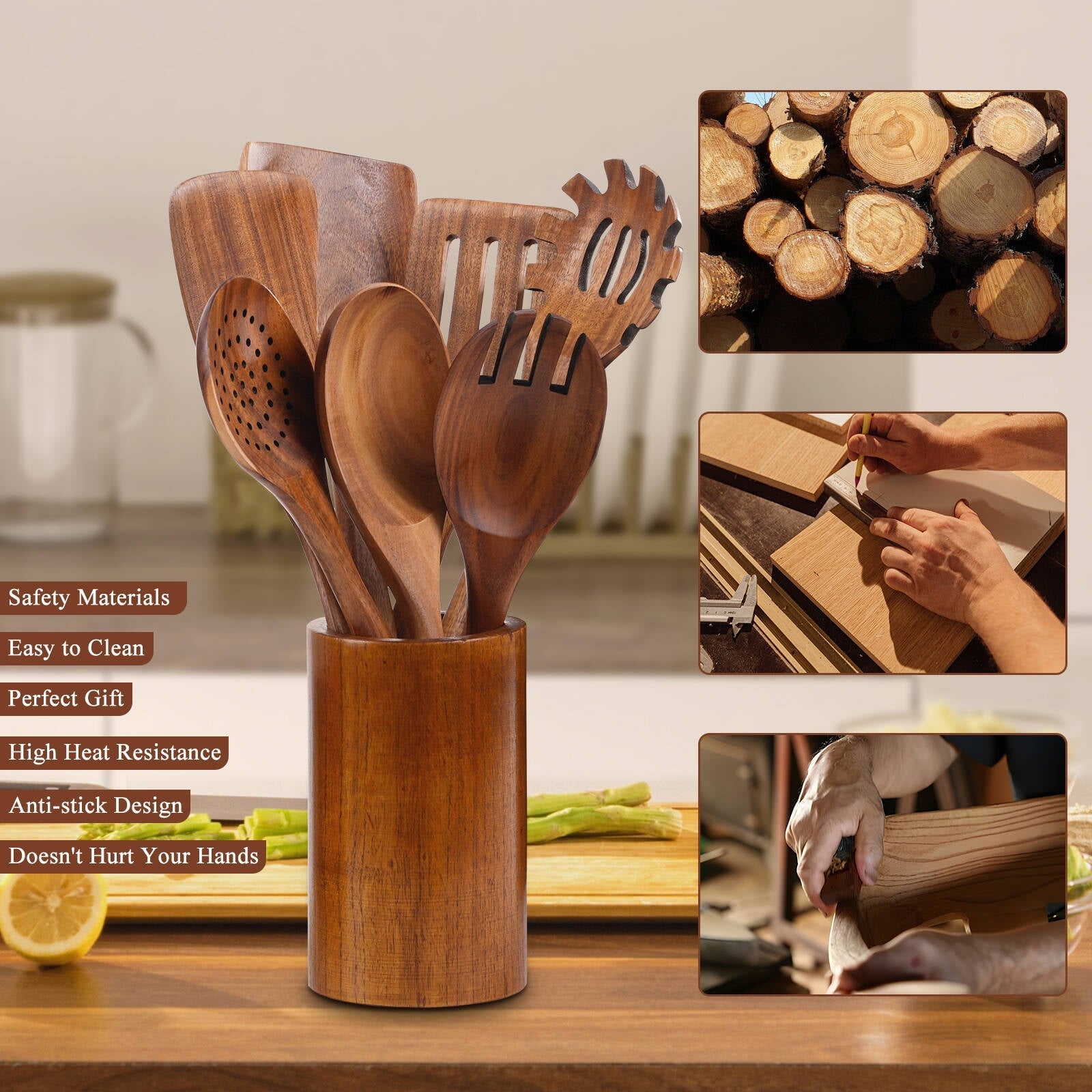 Seamless One-Piece Wooden Spoons for Cooking, 8 Pcs Natural Wooden Utensil for Cooking with Non-Stick, Heat Resistant, Wood... - Premium Stainless Steel Cooking Utensil for Non-Stick Pots Detail