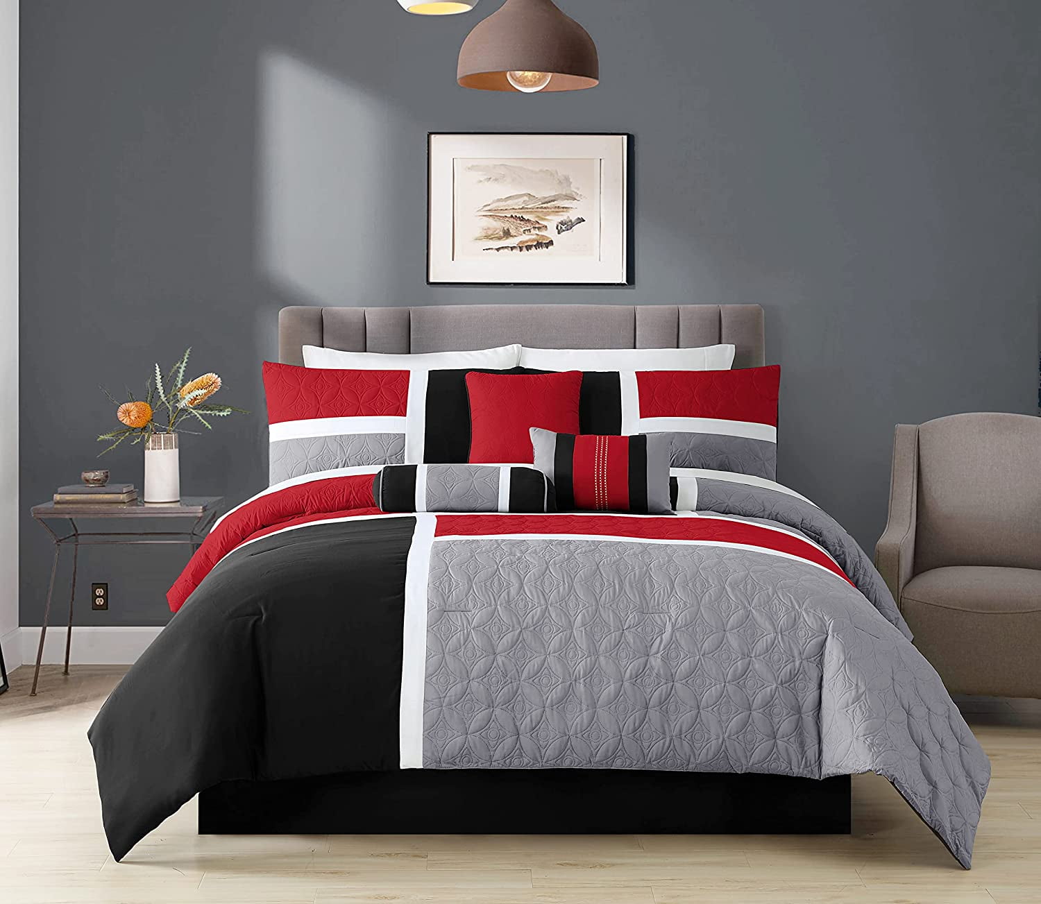 Fluffy Down Alternative 7-Piece Medallion Patchwork Comforter Set, Full, Red/Gray/Black - Luxurious Quilted Duvet Cover Set Detail