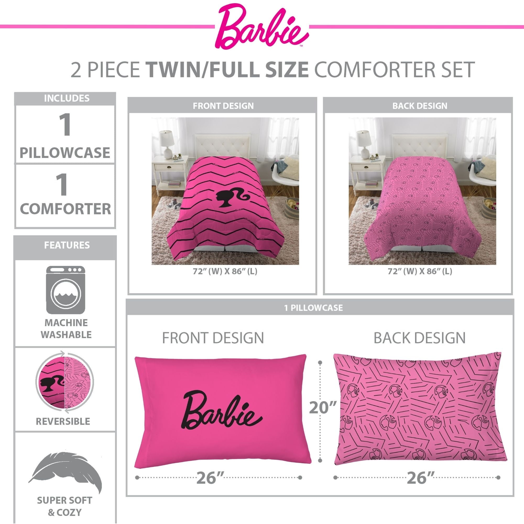 Heavyweight Warmth Kids 2 Piece Pink Black Chevron Reversible Comforter and Pillowcase set, Twin/full - All-Season Down Alternative Comforter Insert Detail