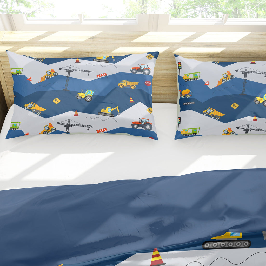 Luxurious Quilted Car Comforter Set Construction Bedding Set for Boys Kids Trucks Comforter Cartoon Car Excavator Tractor Blue 3Pcs Twin - Cloud-Like Soft Lightweight Bed Comforter Detail