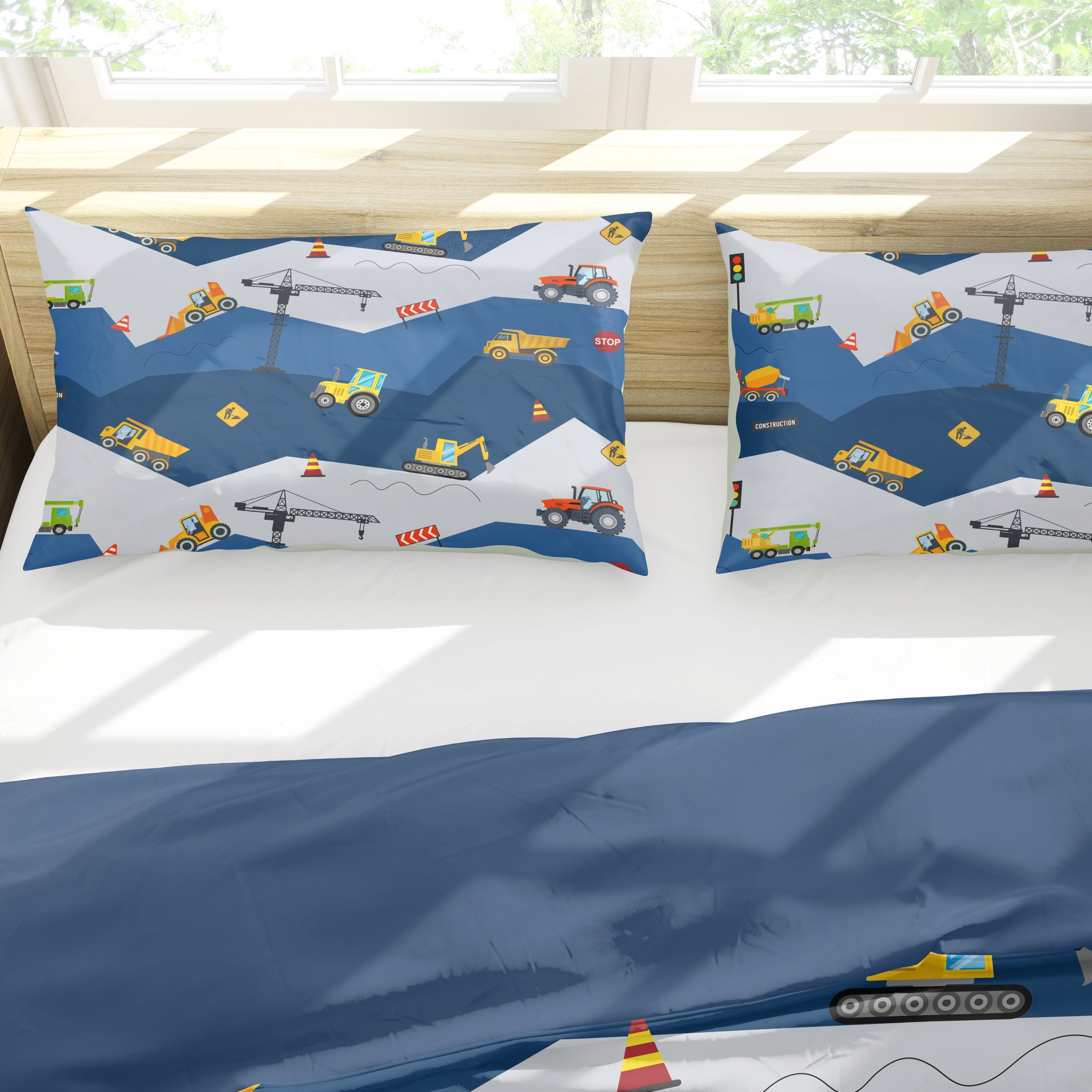 Luxurious Quilted Car Comforter Set Construction Bedding Set for Boys Kids Trucks Comforter Cartoon Car Excavator Tractor Blue 3Pcs Twin - Cloud-Like Soft Lightweight Bed Comforter Detail