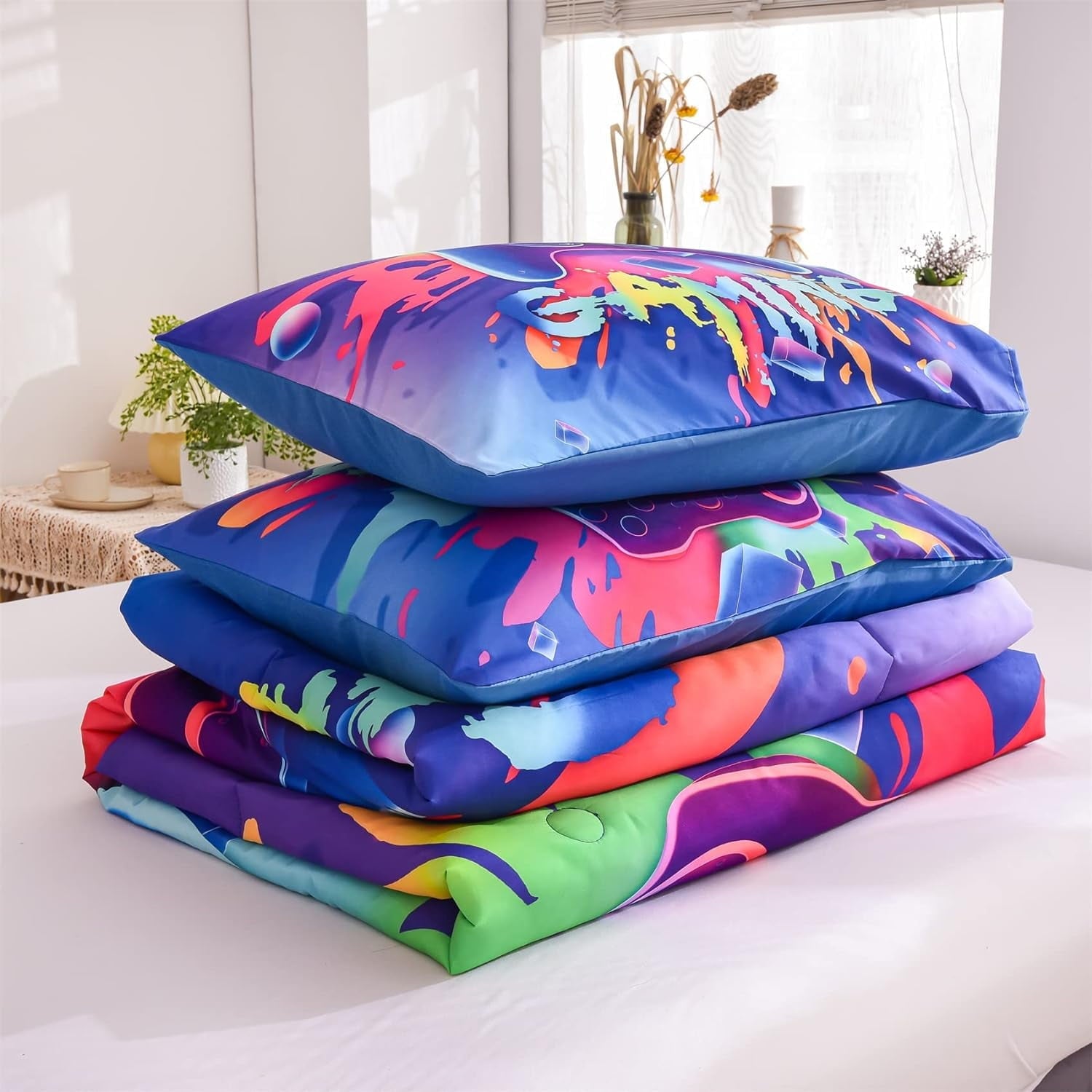Luxurious Quilted Purple Queen Gaming Comforter Sets for Boys Kids Bedding Sets Colorful Games Console Gamer Quilt Set - Luxurious Quilted Duvet Cover Set Detail