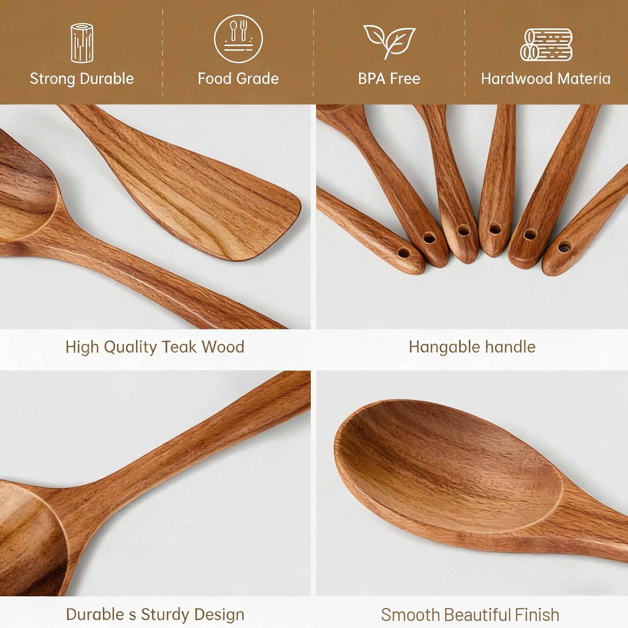 Heat-Resistant Wooden Spoons for Cooking, 6 PCS Teak Wood Cooking Utensil Set, Wooden Kitchen Utensils for Nonstick Pans & Cookware,... - Durable Turner & Ladle Utensil Set for Home Chefs Detail