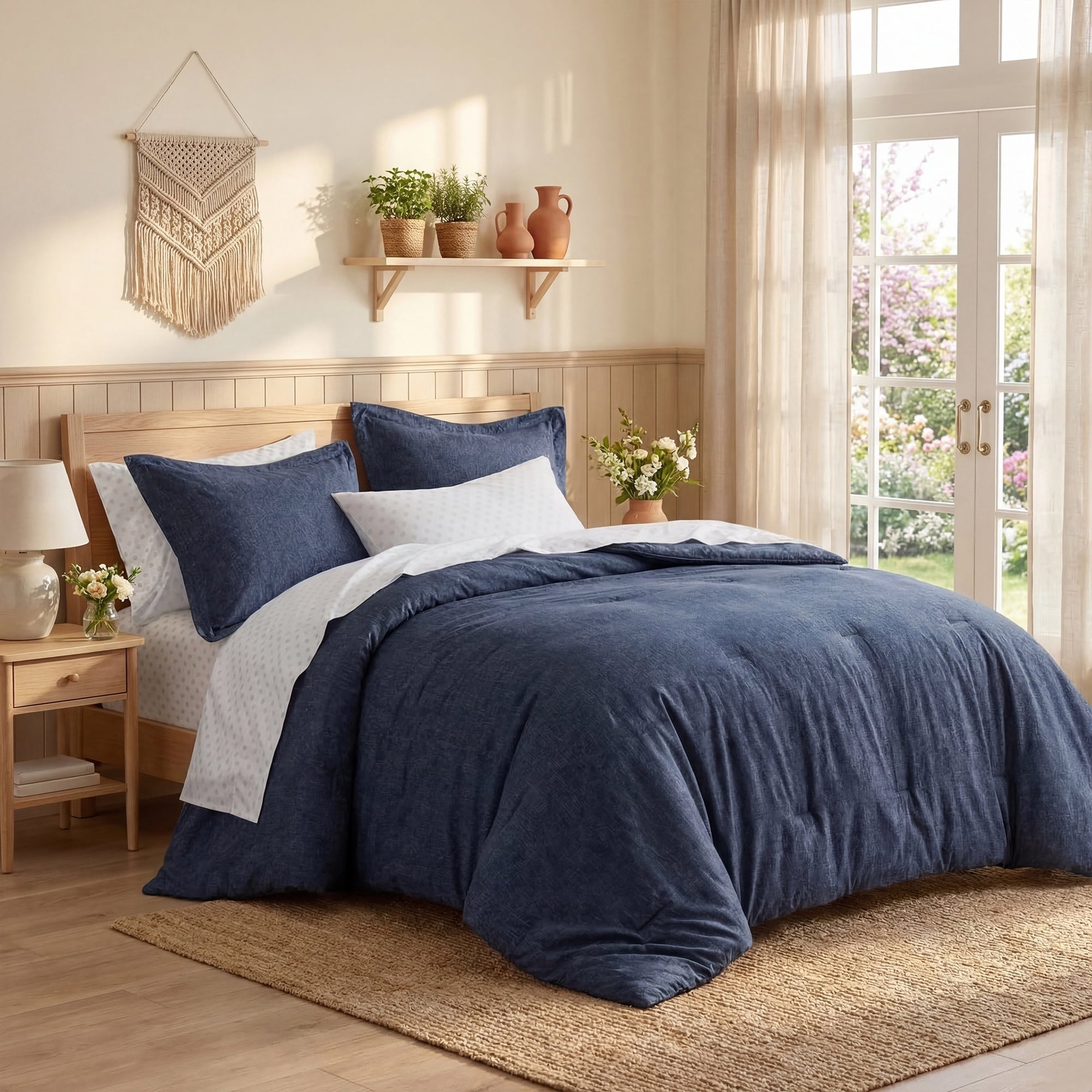 Hypoallergenic Cloud Queen Size Comforter Set, 7-Piece Reversible Bed in a Bag with Sheets, Navy - All-Season Down Alternative Comforter Insert Detail