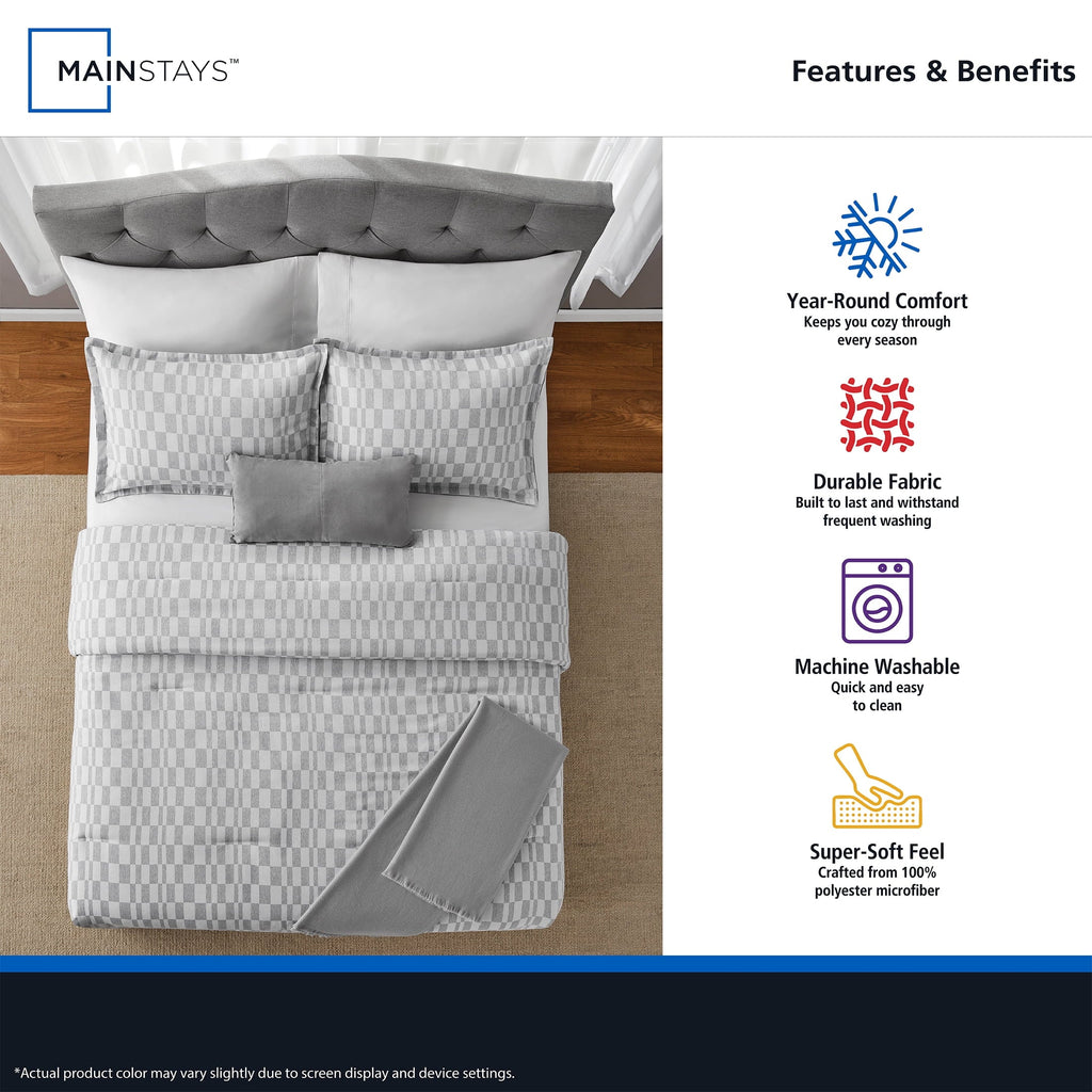 All-Season Full/Queen Comforter Set, All-Season, 5-Piece, Soft Silver Check - Cloud-Like Soft Lightweight Bed Comforter Detail