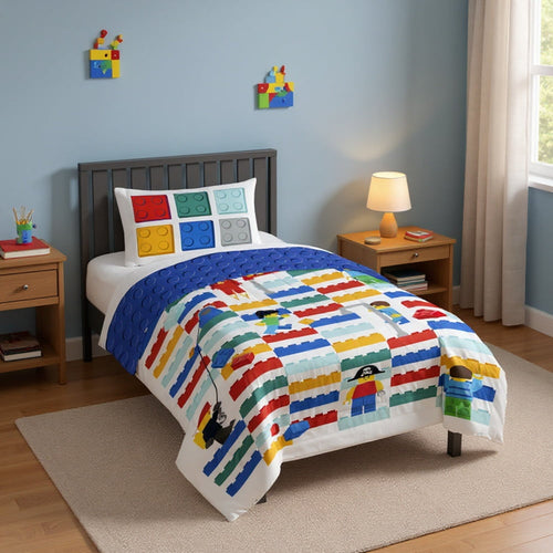 All-Season Kids 2 Piece Multicolor Reversible Comforter and Pillowcase Bedding Set, Twin/Full - Luxurious Quilted Duvet Cover Set Detail